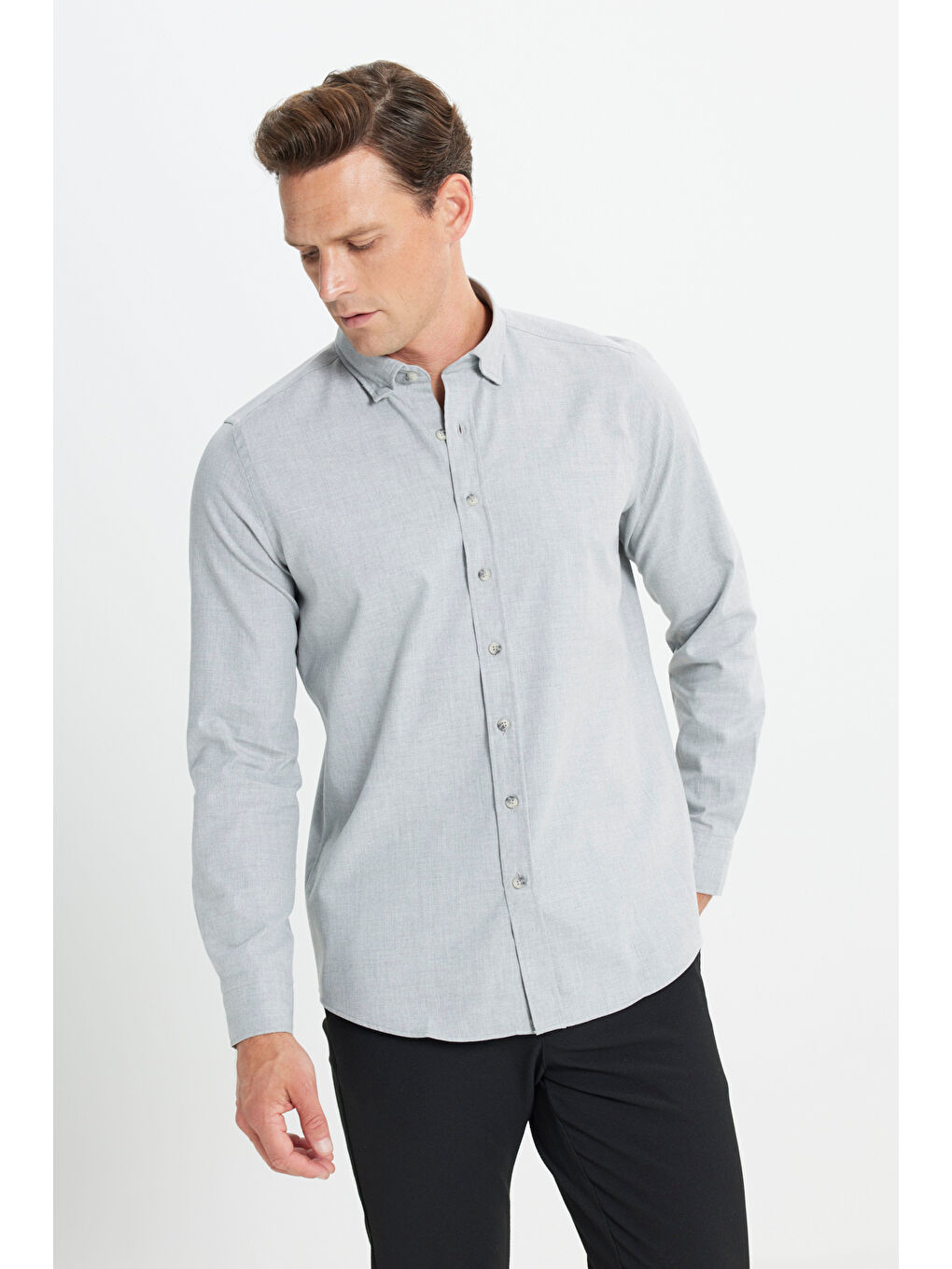 Erkek Açık Gri Slim Fit Dar Kesim Düğmeli Yaka Flanel Oduncu Kışlık Gömlek-3