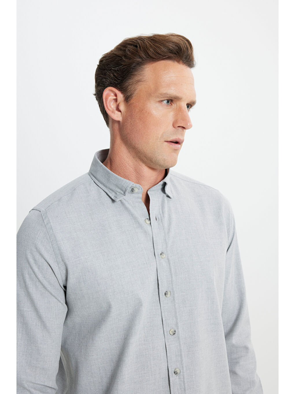 Erkek Açık Gri Slim Fit Dar Kesim Düğmeli Yaka Flanel Oduncu Kışlık Gömlek-4