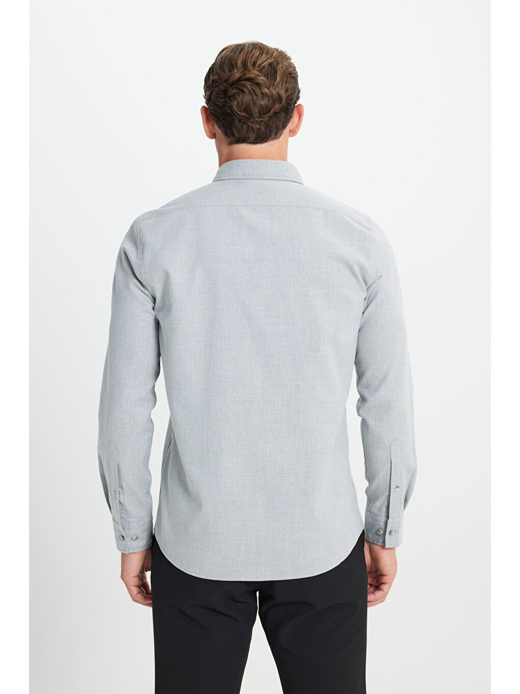 Erkek Açık Gri Slim Fit Dar Kesim Düğmeli Yaka Flanel Oduncu Kışlık Gömlek-5