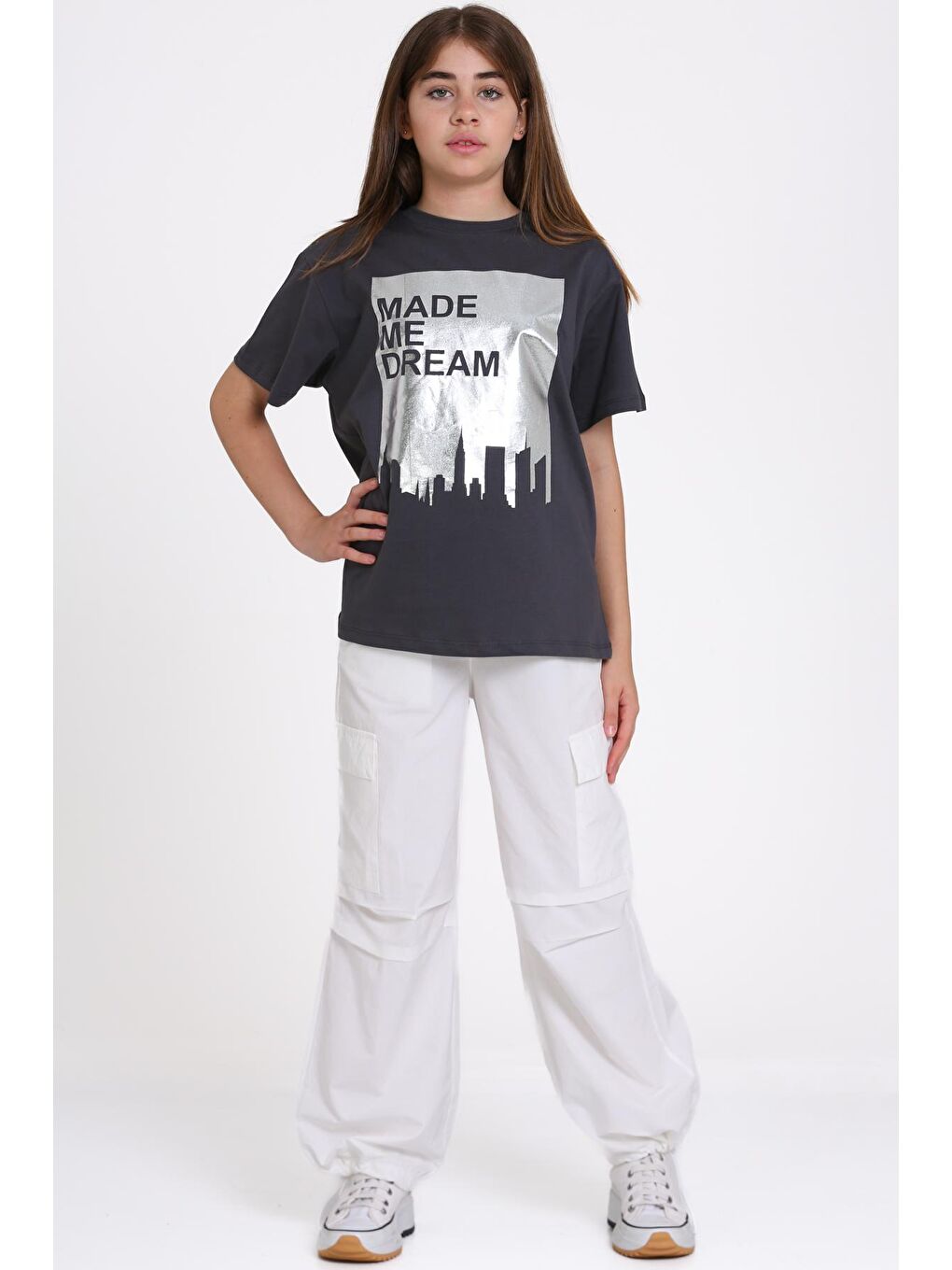 Gri Baskılı Tişört ve Kargo Pantolon Kız Çocuk Takım - 2486-2