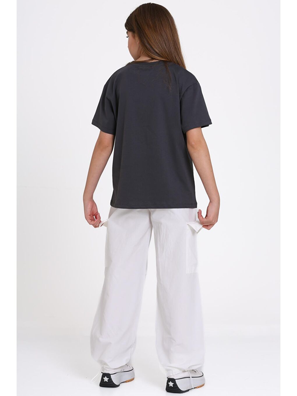 Gri Baskılı Tişört ve Kargo Pantolon Kız Çocuk Takım - 2486-2-1