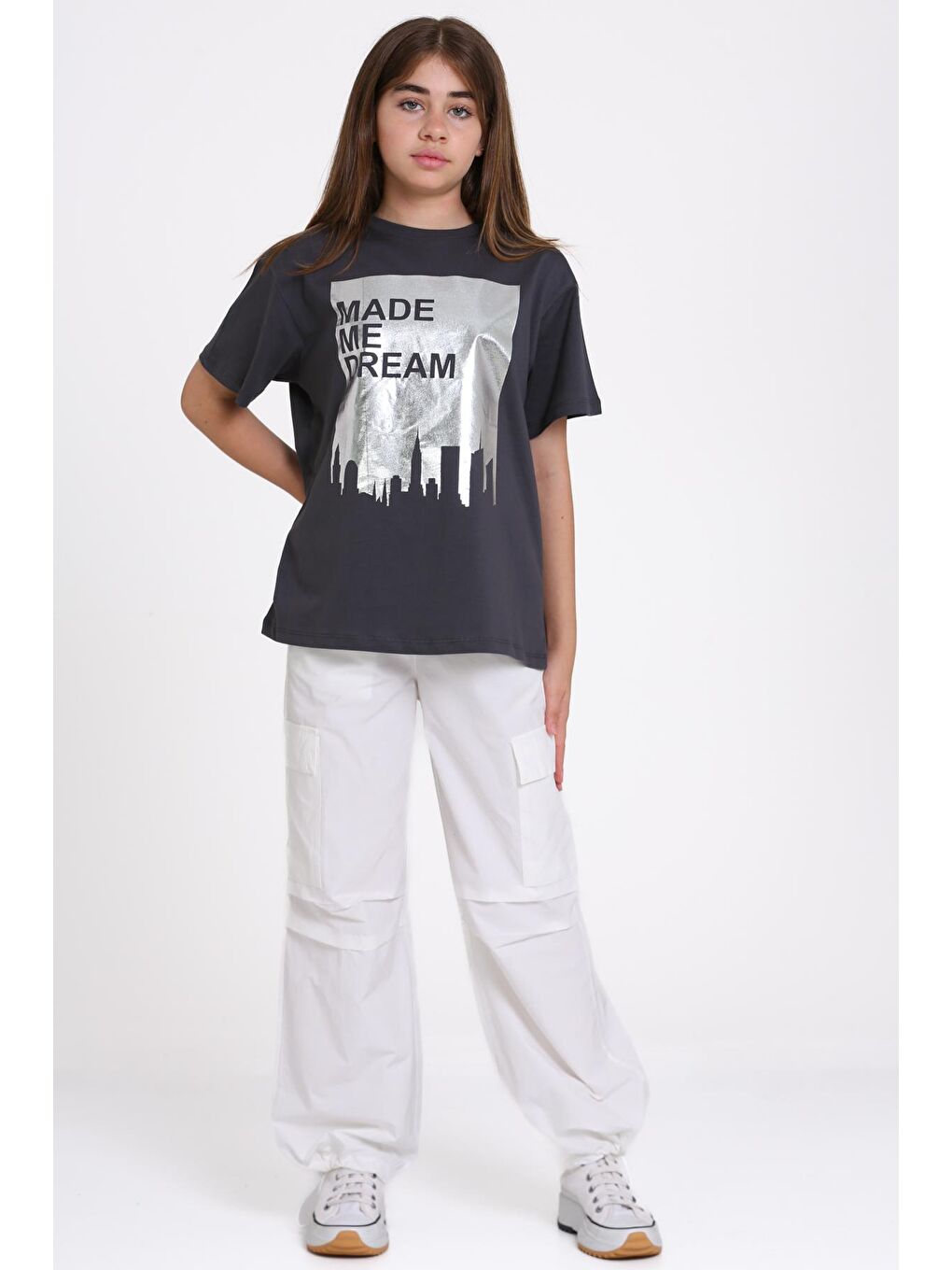 Gri Baskılı Tişört ve Kargo Pantolon Kız Çocuk Takım - 2486-2-2