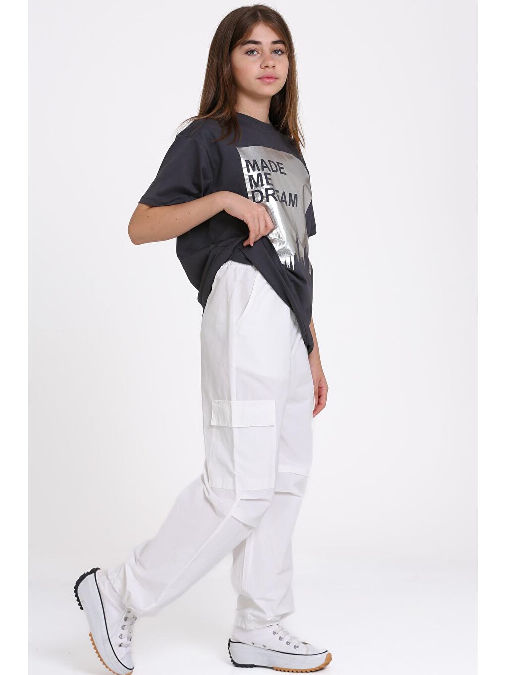 Gri Baskılı Tişört ve Kargo Pantolon Kız Çocuk Takım - 2486-2-3