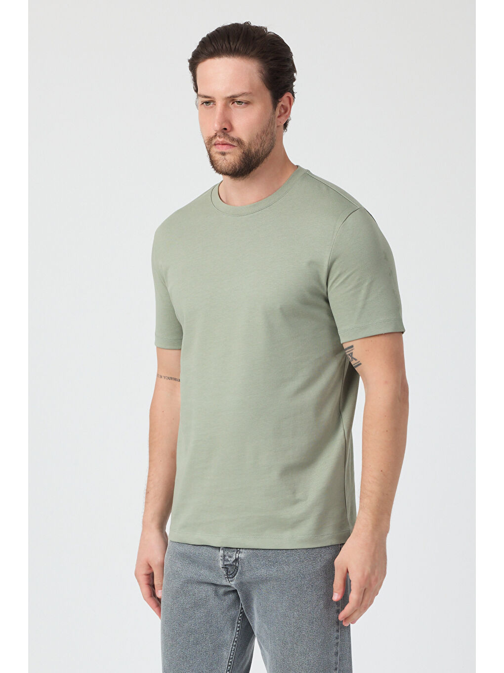Haki Erkek Bisiklet Yaka T-shirt 6212-1