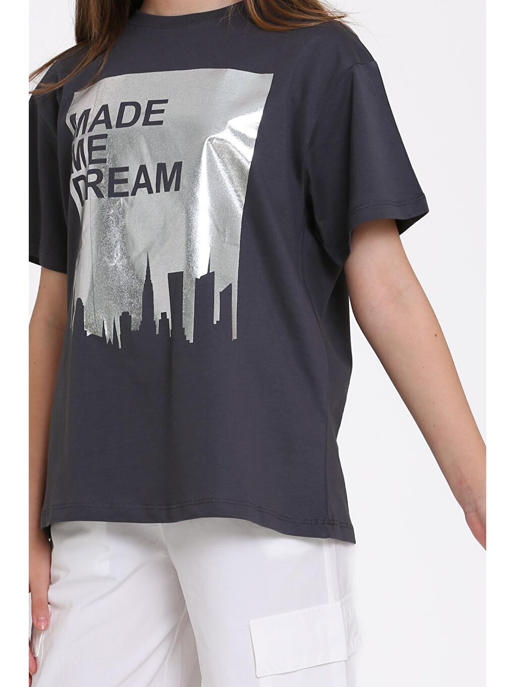 Gri Baskılı Tişört ve Kargo Pantolon Kız Çocuk Takım - 2486-2-4