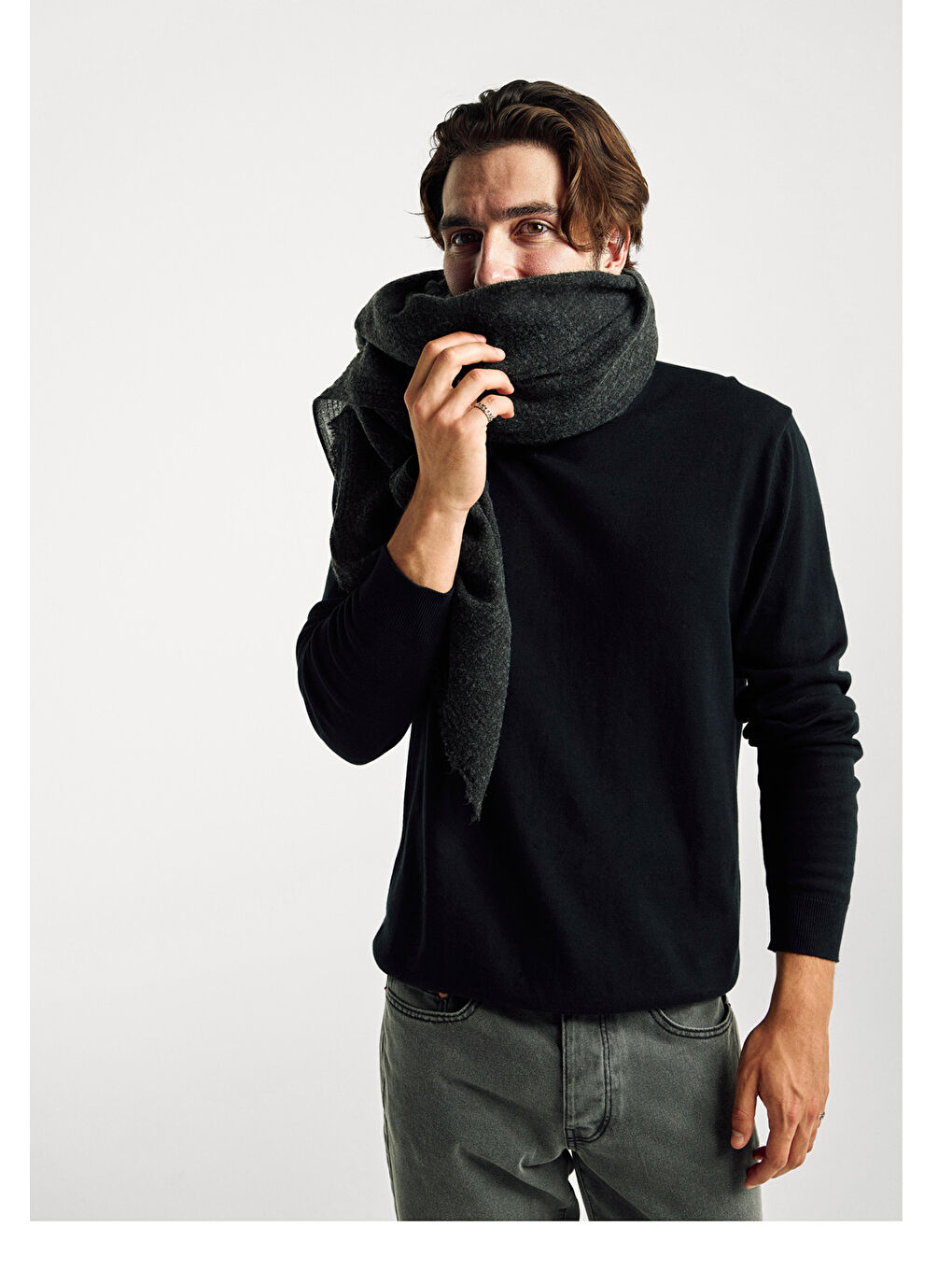 Erkek Siyah %100 Pamuk Bisiklet YakaKazak-4