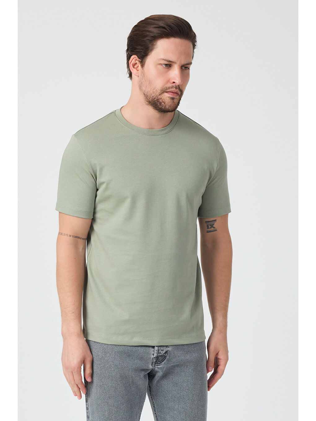 Haki Erkek Bisiklet Yaka T-shirt 6212-2