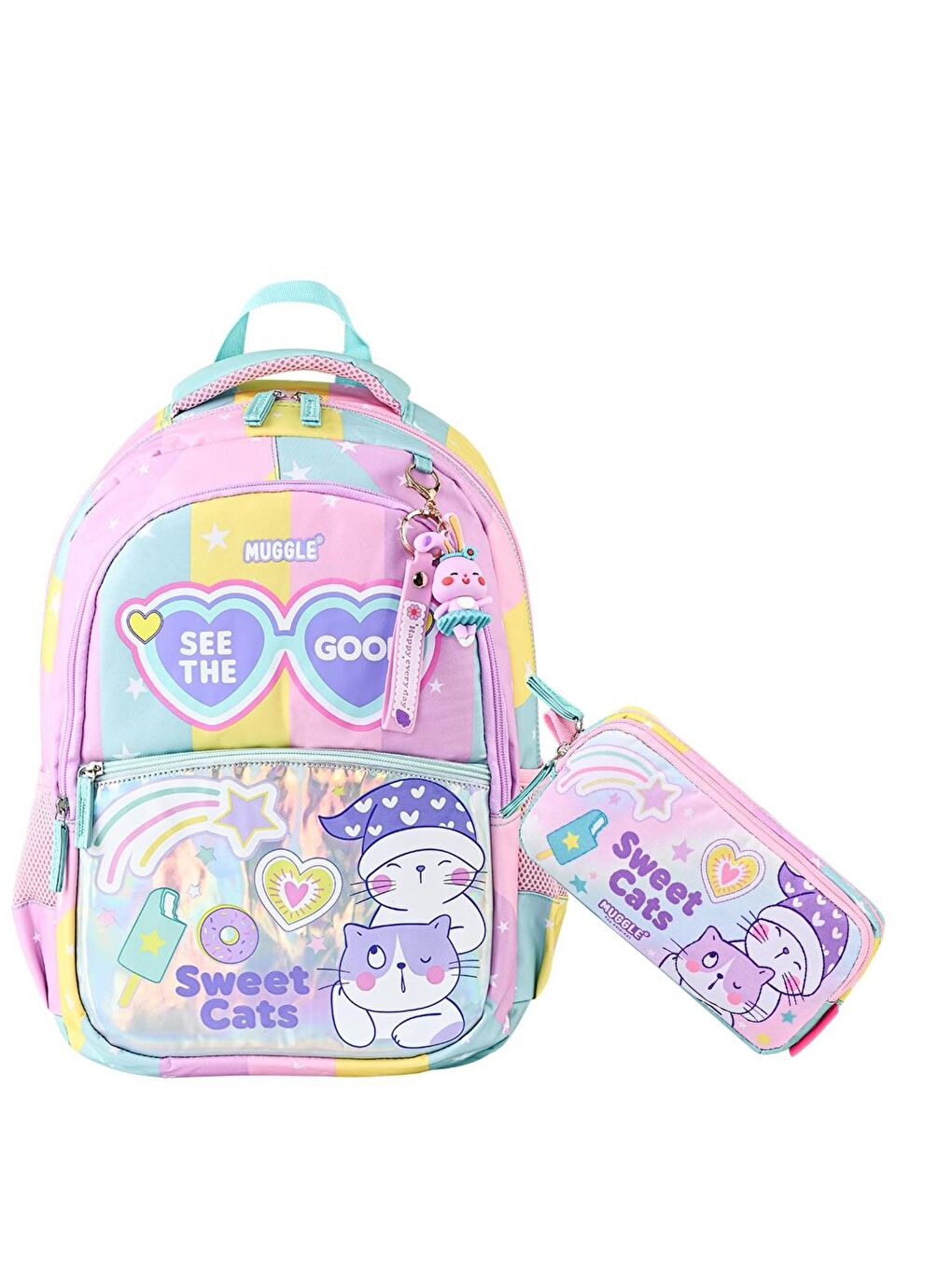 3 Bölmeli Good Be Kind Okul Çantası + Kalemlik Pembe-Yeşil 2 Li Set