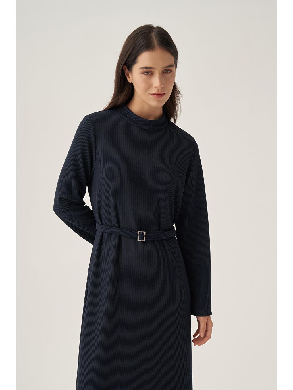 Lacivert-Kemer Tokalı Elbise-4