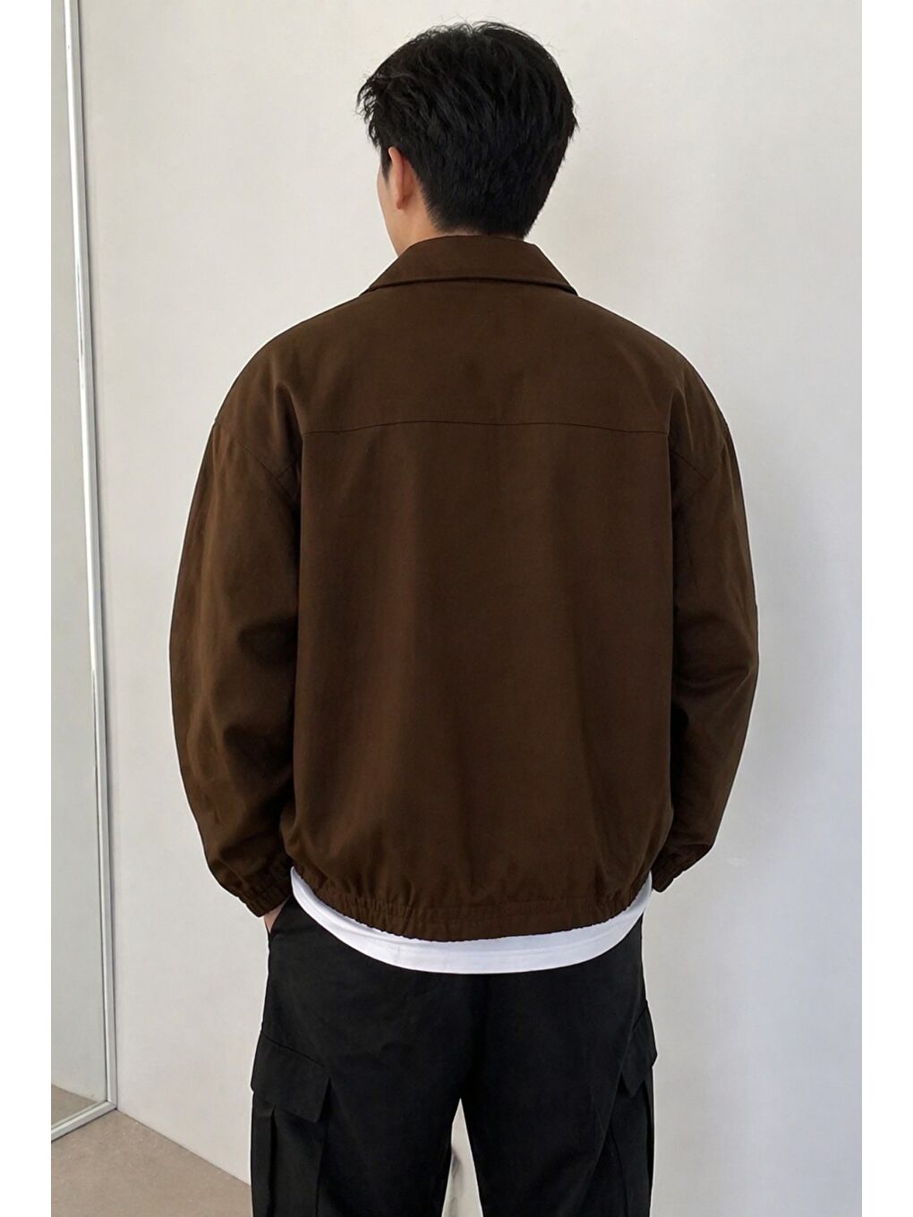 Kahverengi Erkek Oversize Bomber Ceket Fermuarlı Basic Günlük Mont-1