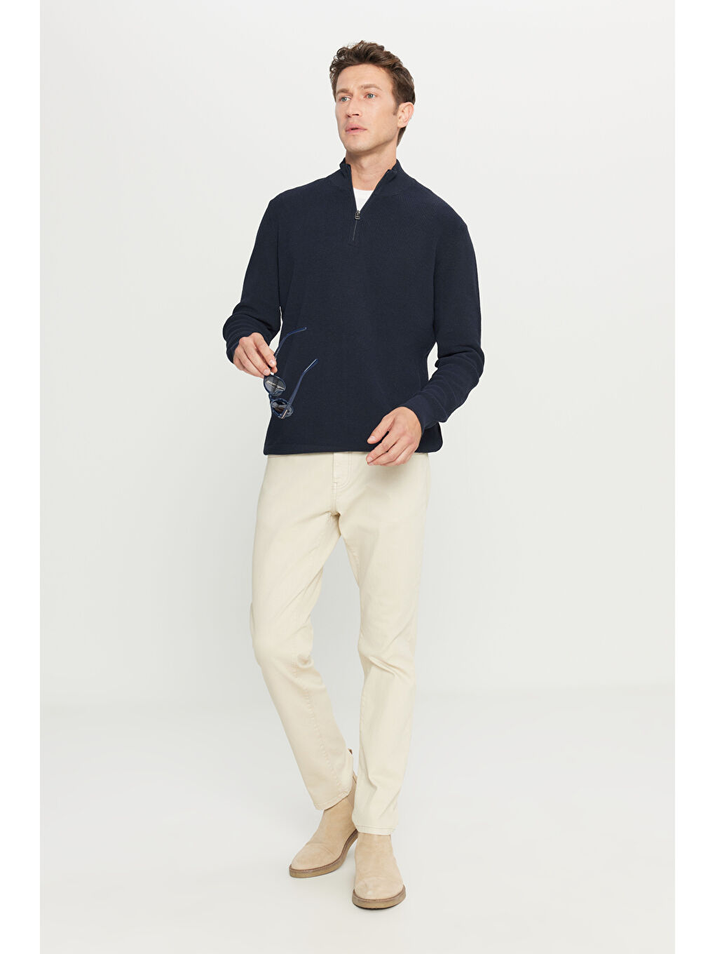 Erkek Lacivert Pamuklu Standart Fit Normal Kesim Bato Yaka Jakarlı Triko Kazak-1