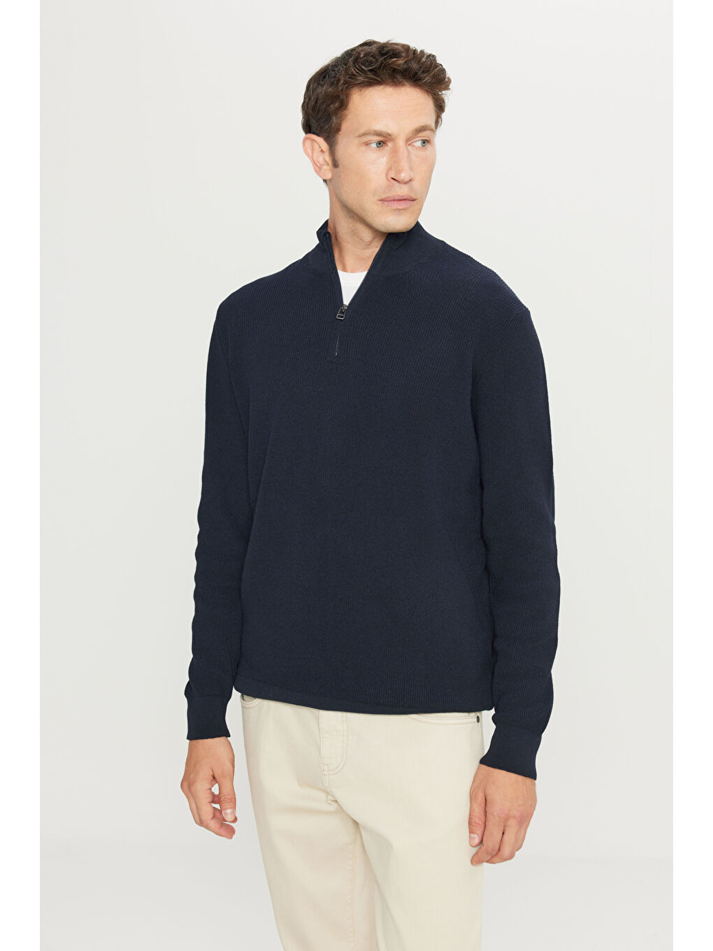 Erkek Lacivert Pamuklu Standart Fit Normal Kesim Bato Yaka Jakarlı Triko Kazak-2