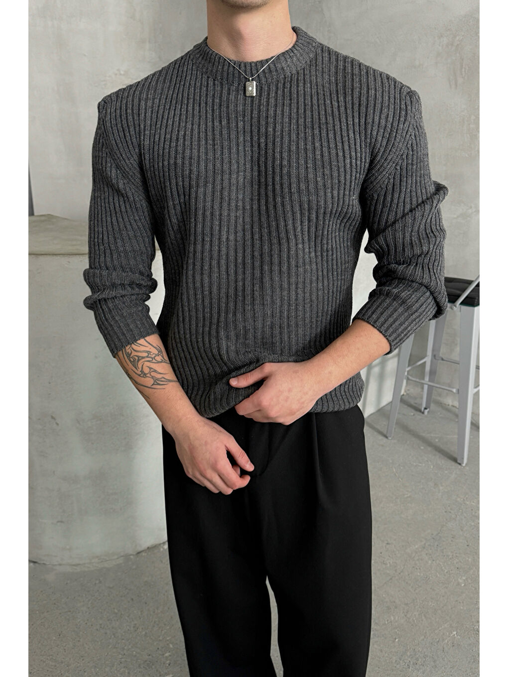 Antrasit Erkek Fitilli Örme Oversize Kazak