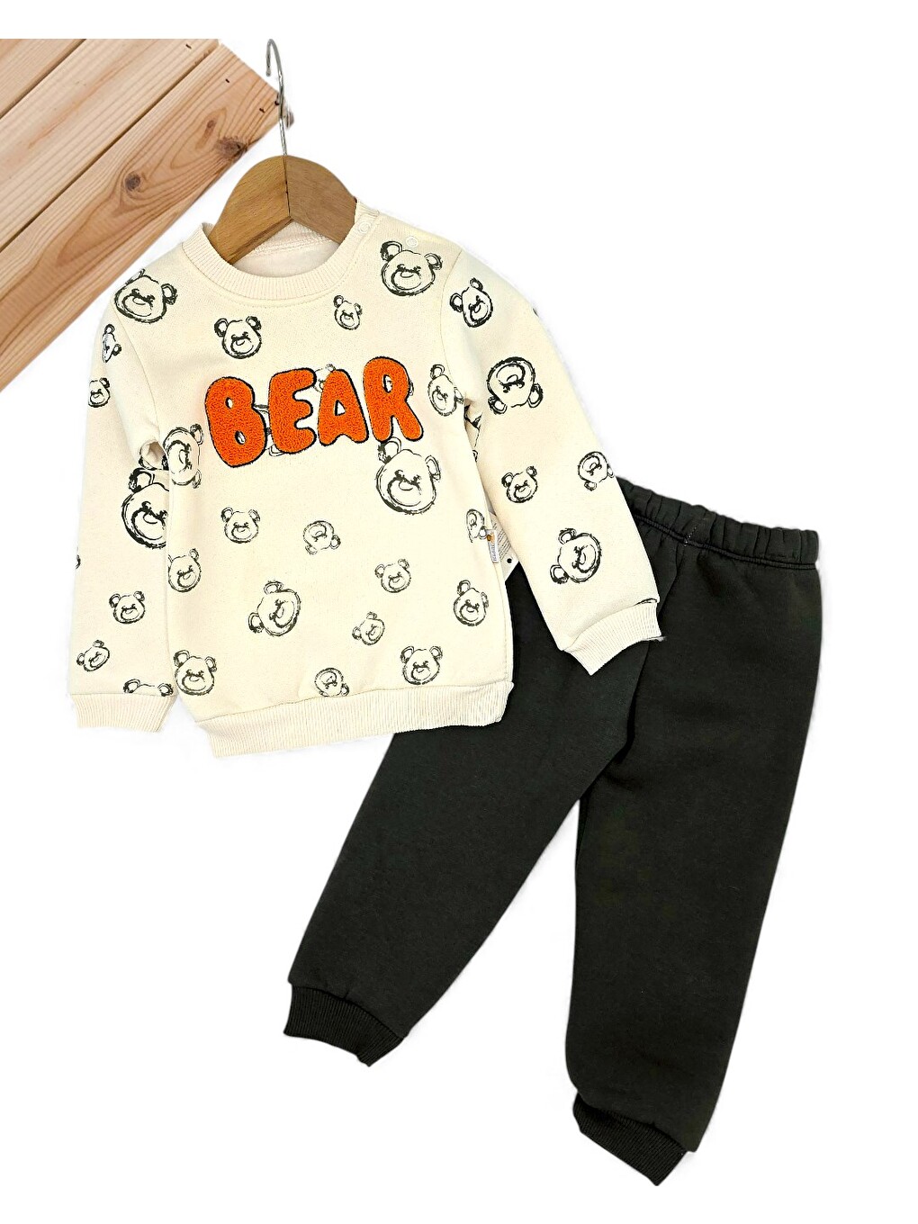 Gri Erkek Bebek Bear Nakışlı Kışlık 3 İp Şardonlu Alt Üst Takım-1