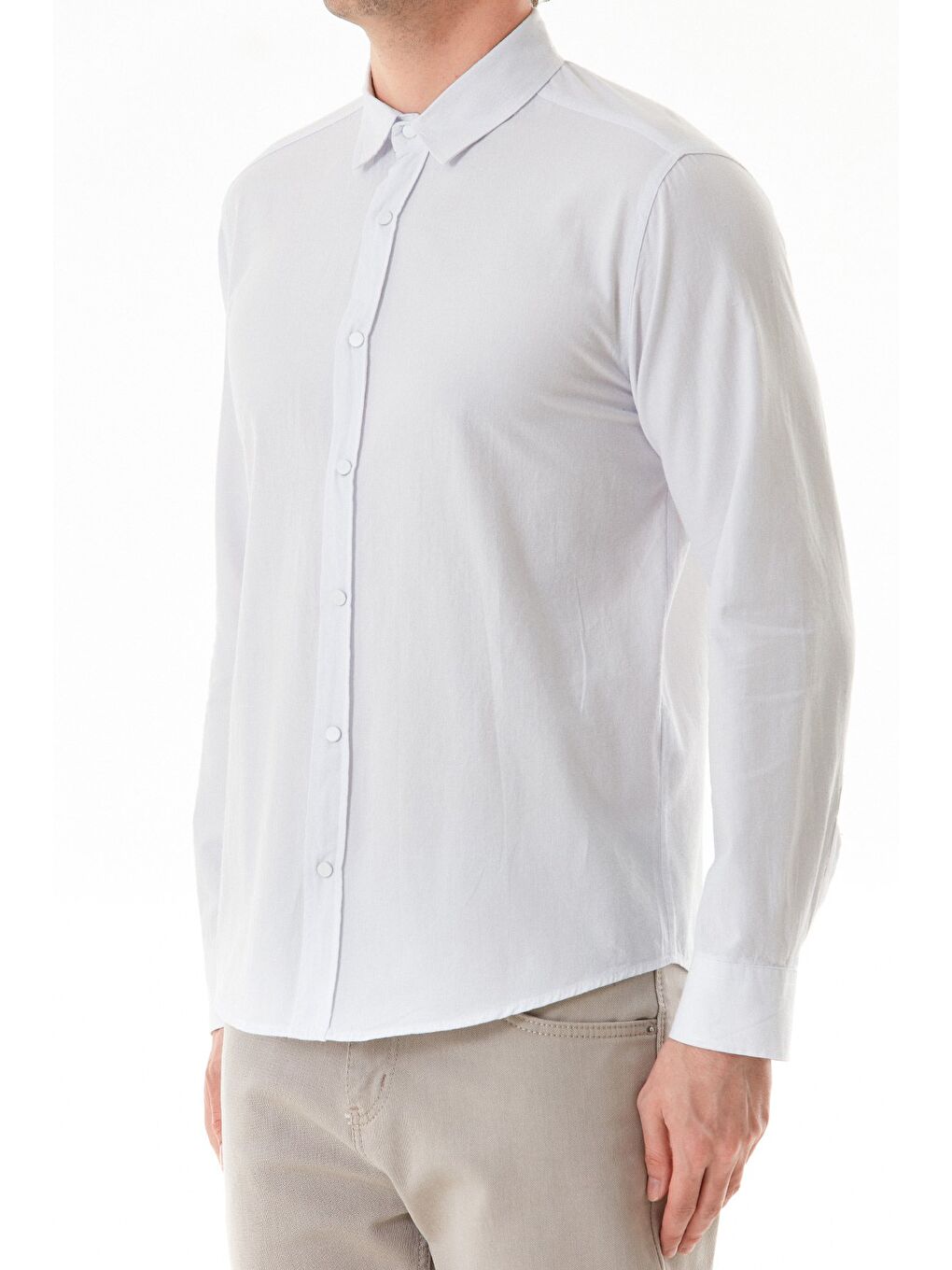 Beyaz Basic Çıtçıtlı Gabardin %100 Pamuk Gömlek-4