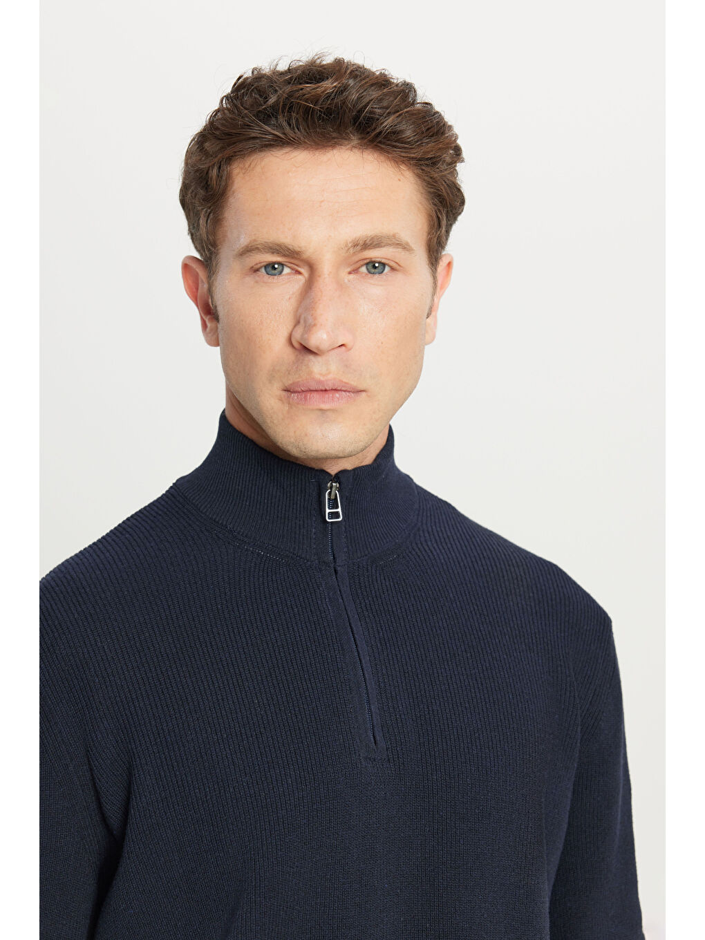 Erkek Lacivert Pamuklu Standart Fit Normal Kesim Bato Yaka Jakarlı Triko Kazak-3