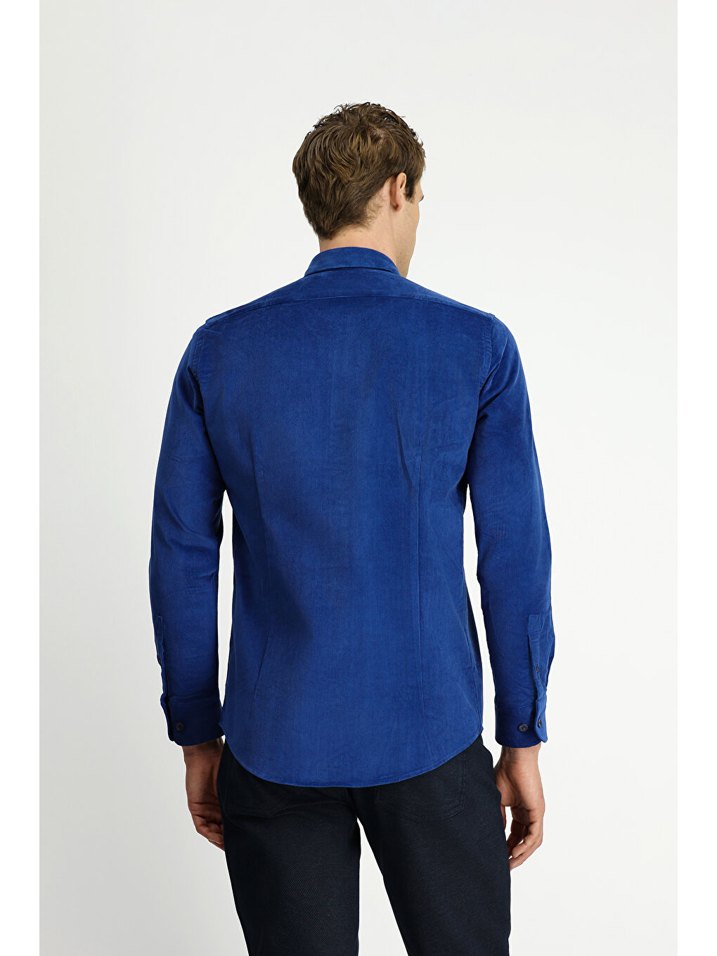 Mavi Uzun Kol Slim Fit Dar Kesim Pamuklu Düğmeli Yaka Kadife Gömlek-4