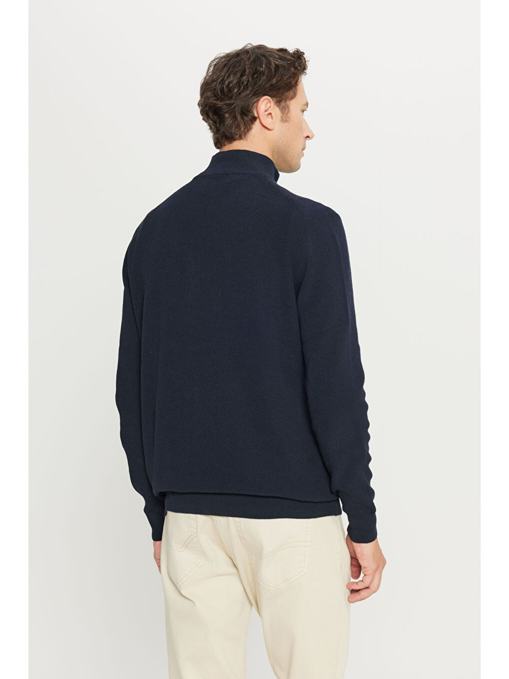 Erkek Lacivert Pamuklu Standart Fit Normal Kesim Bato Yaka Jakarlı Triko Kazak-4