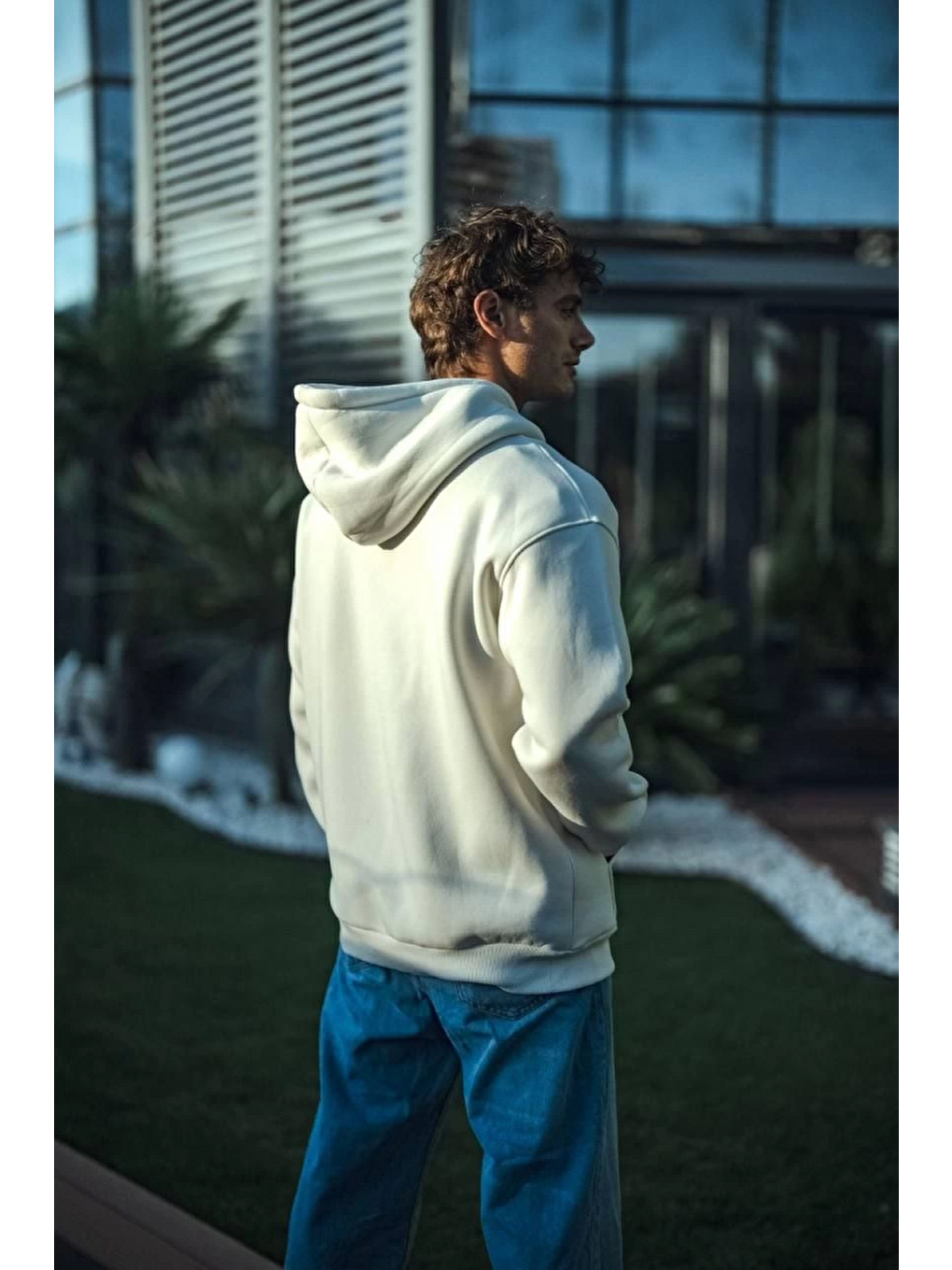 Üç İplik Penye Kapüşonlu Basic Sweatshirt - Beyaz-1