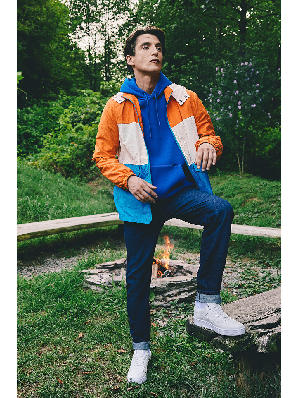 Erkek Mavi-Turuncu Standart Fit Normal Kesim Kapüşonlu Mont-2