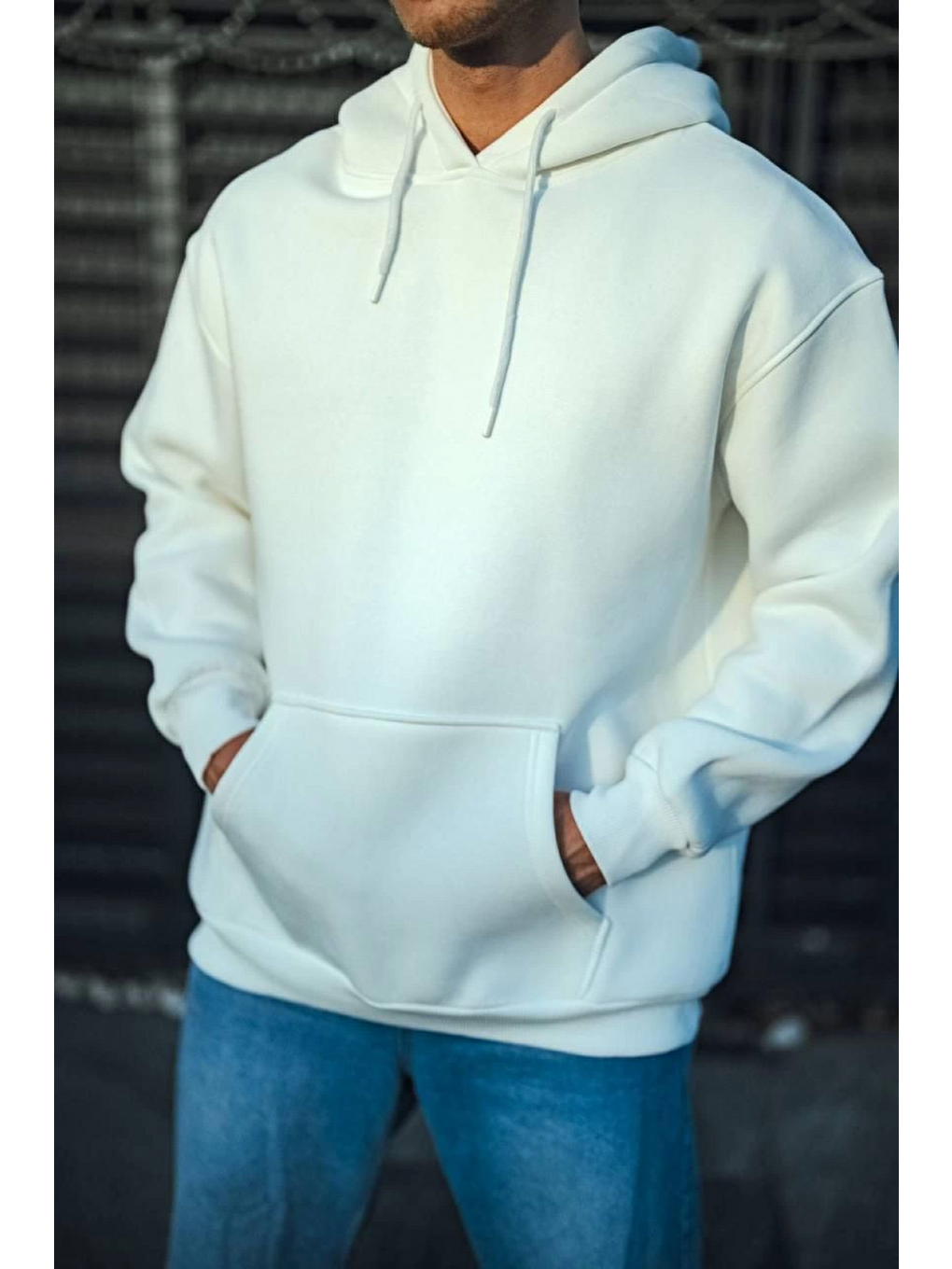 Üç İplik Penye Kapüşonlu Basic Sweatshirt - Beyaz-2