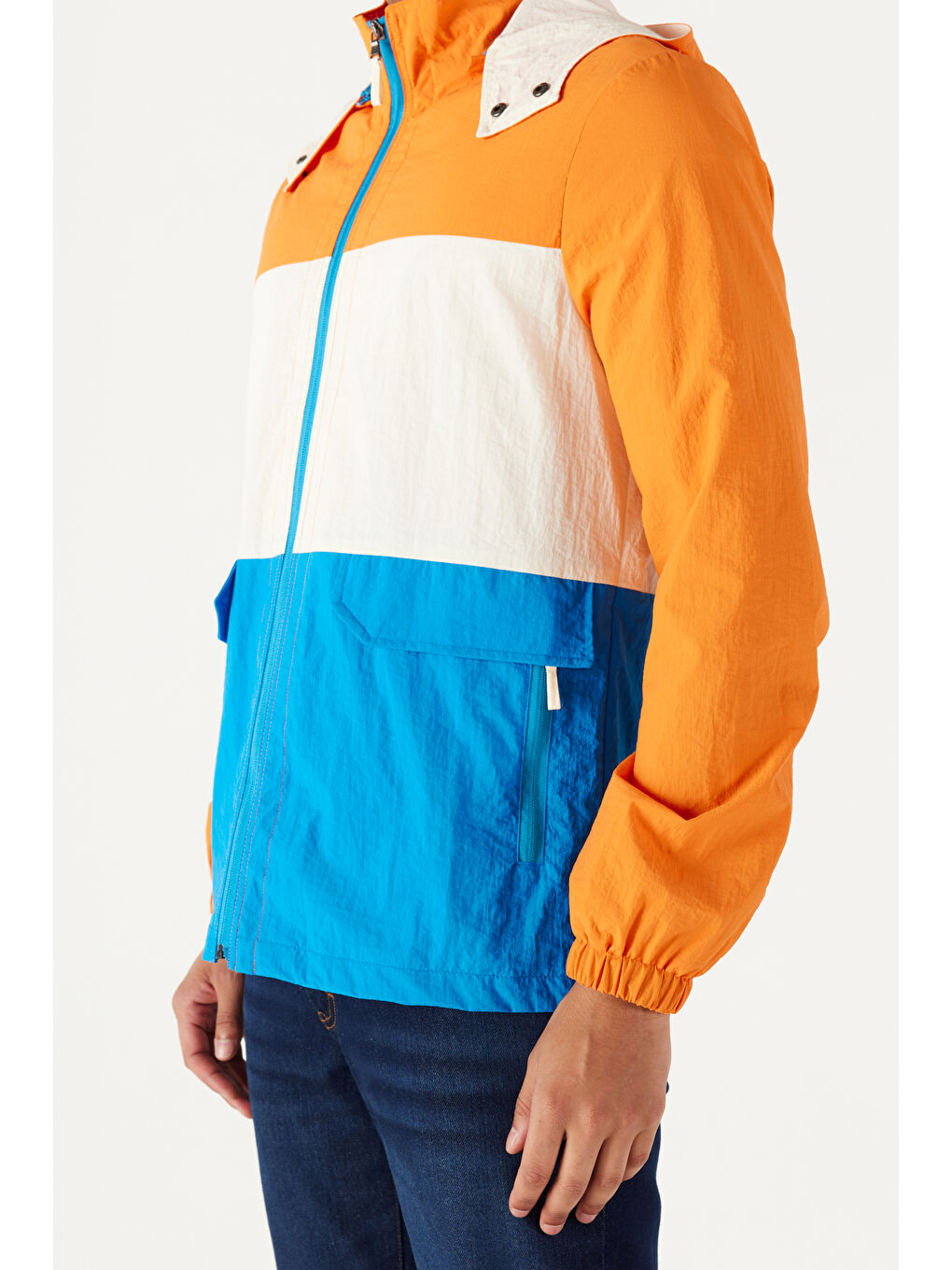 Erkek Mavi-Turuncu Standart Fit Normal Kesim Kapüşonlu Mont-8