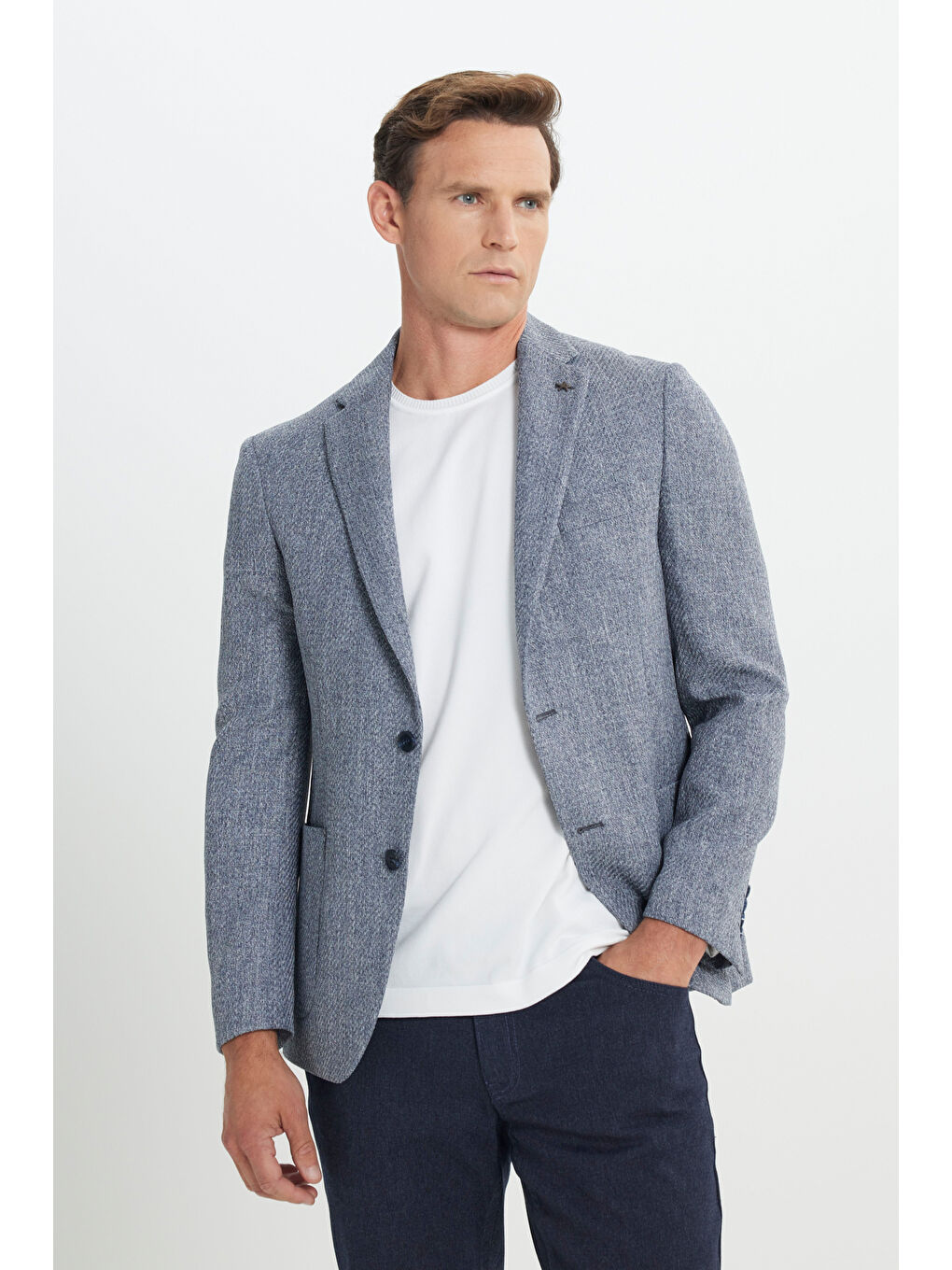 Erkek Lacivert Slim Fit Dar Kesim Mono Yaka Desenli Torba Cepli Ceket