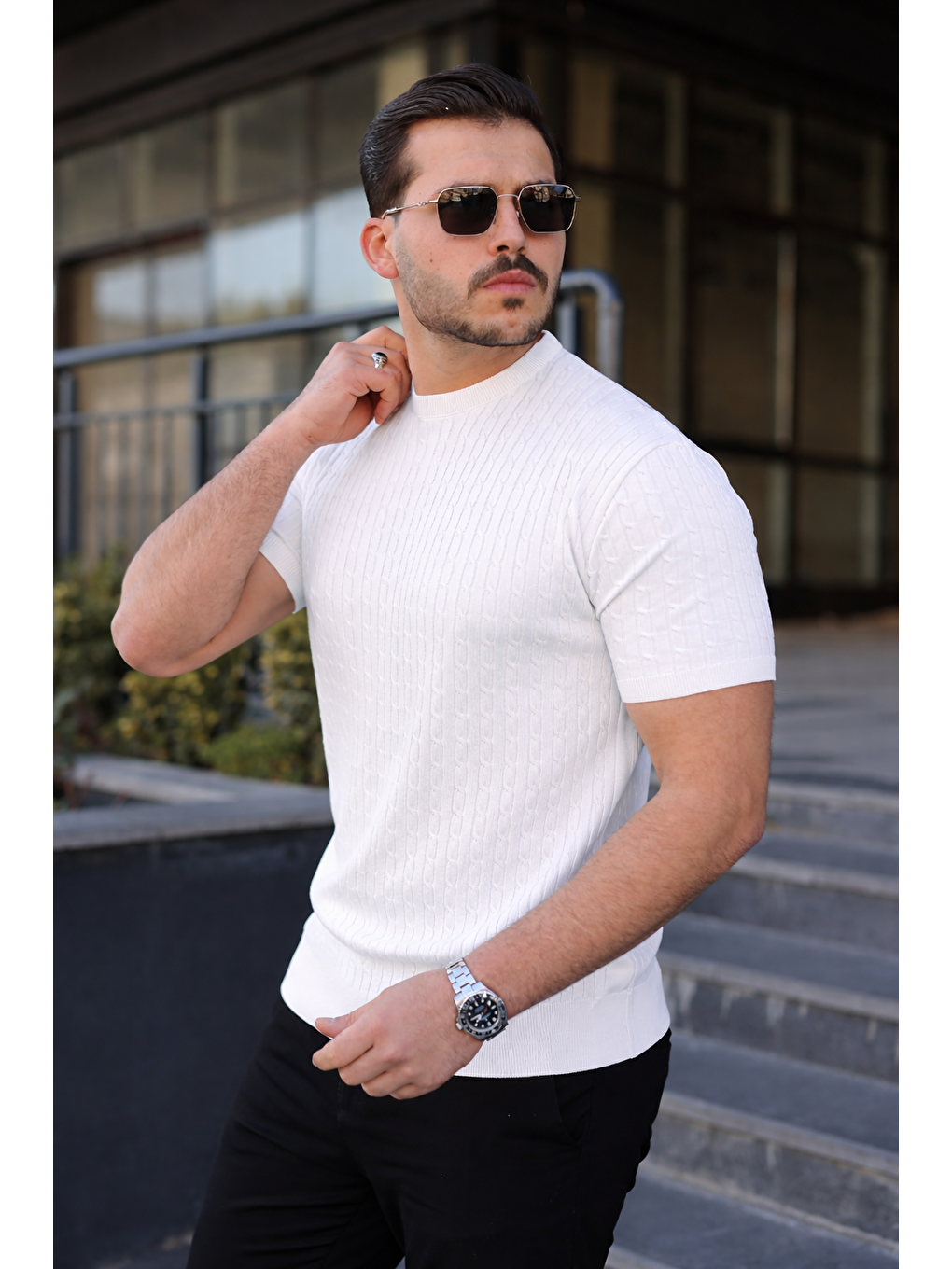 Erkek Premium Çizgili Yazlık Beyaz Dar Triko Tişört-1