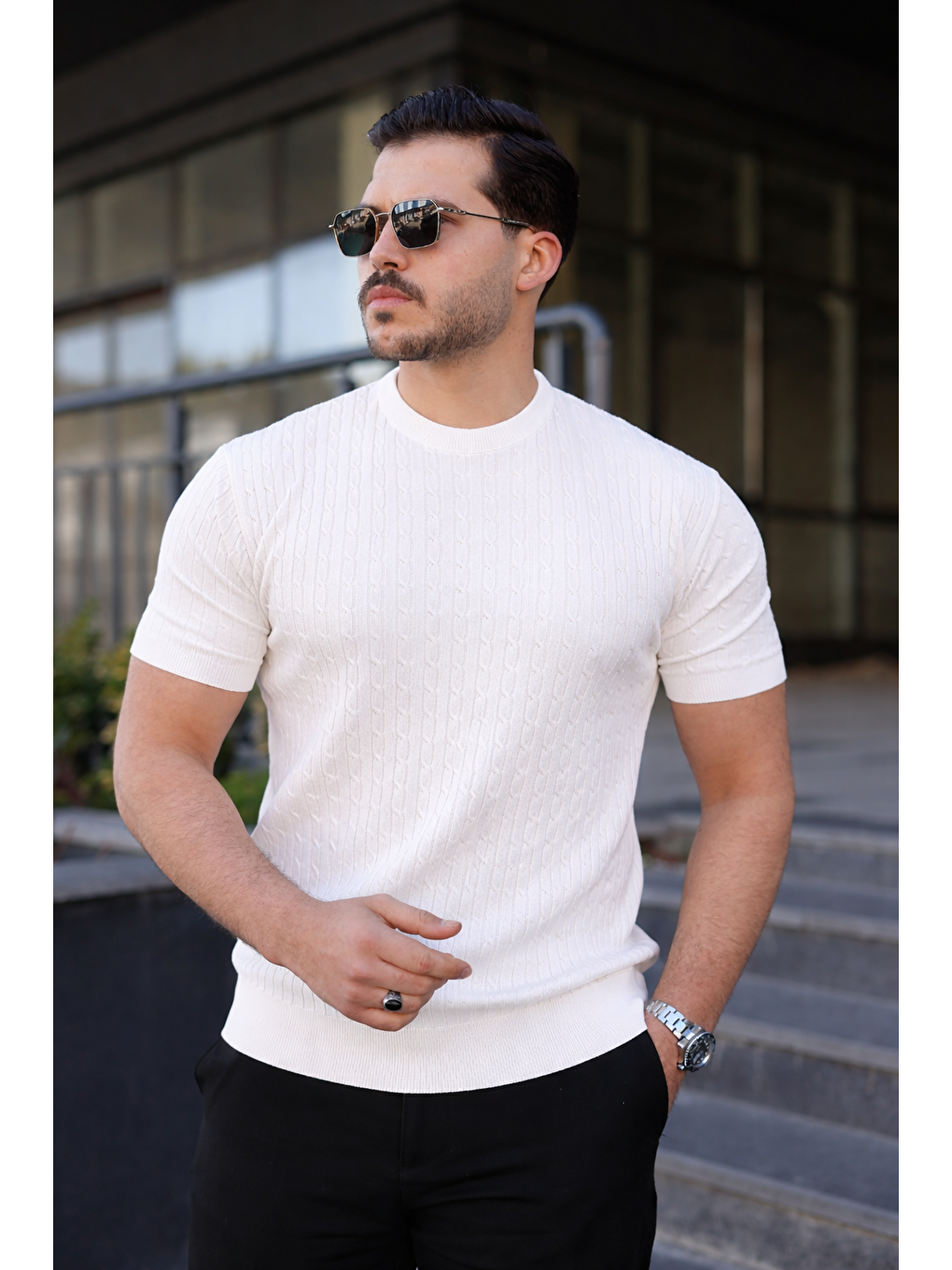 Erkek Premium Çizgili Yazlık Beyaz Dar Triko Tişört-2