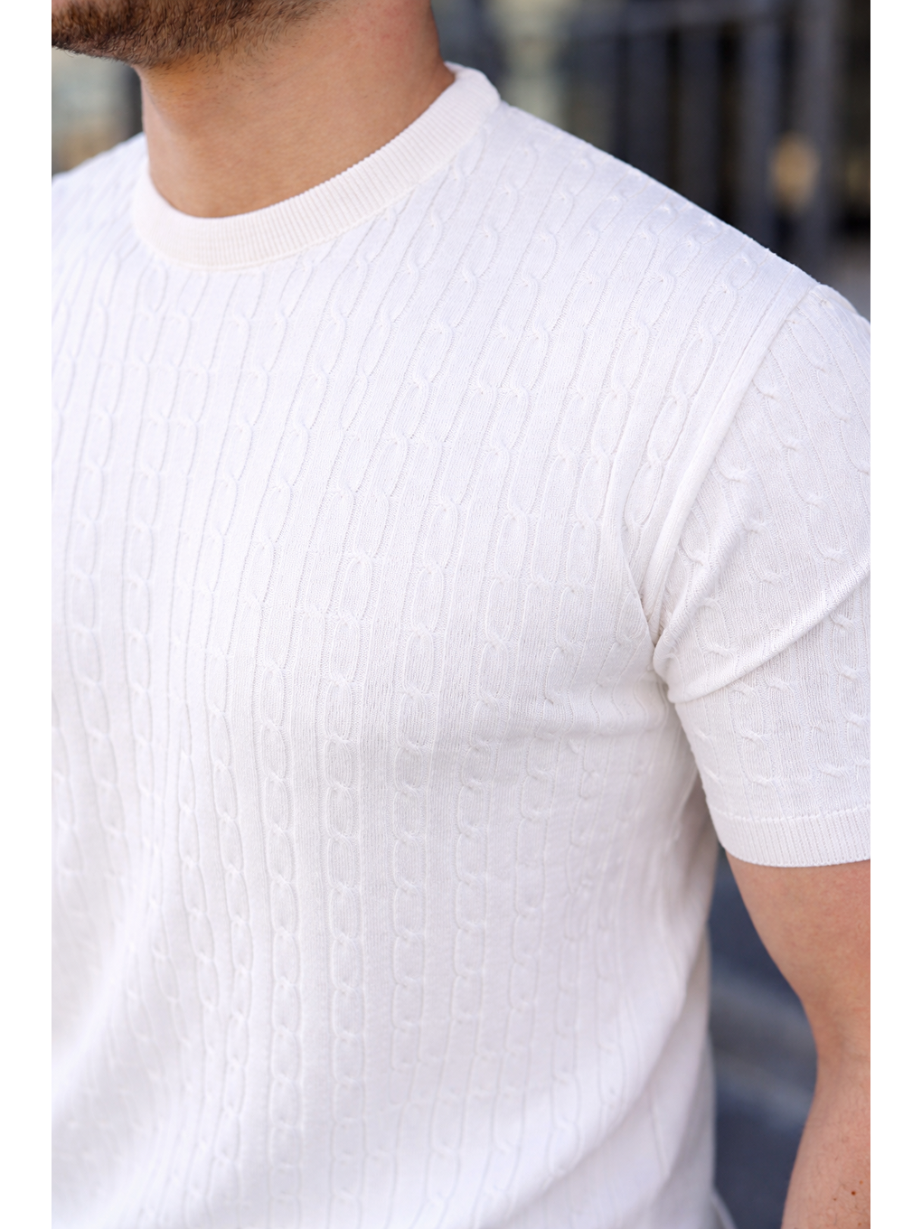 Erkek Premium Çizgili Yazlık Beyaz Dar Triko Tişört-3