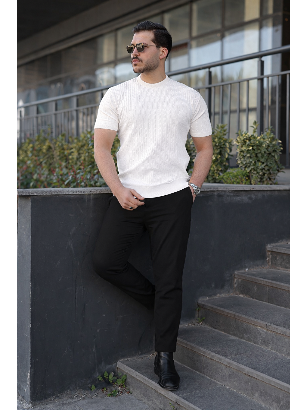 Erkek Premium Çizgili Yazlık Beyaz Dar Triko Tişört-4