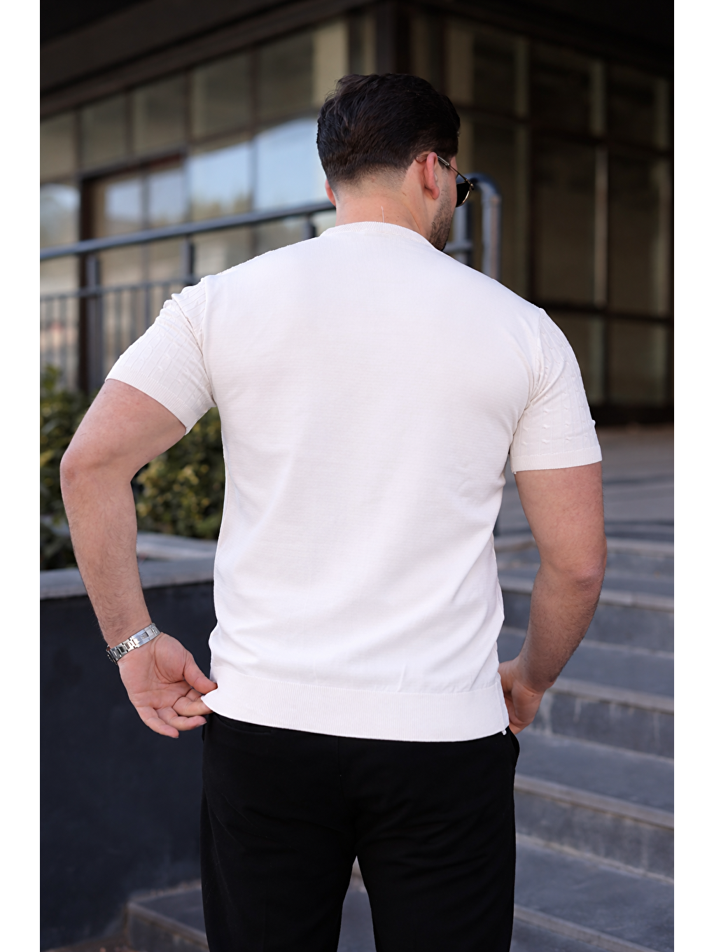 Erkek Premium Çizgili Yazlık Beyaz Dar Triko Tişört-5