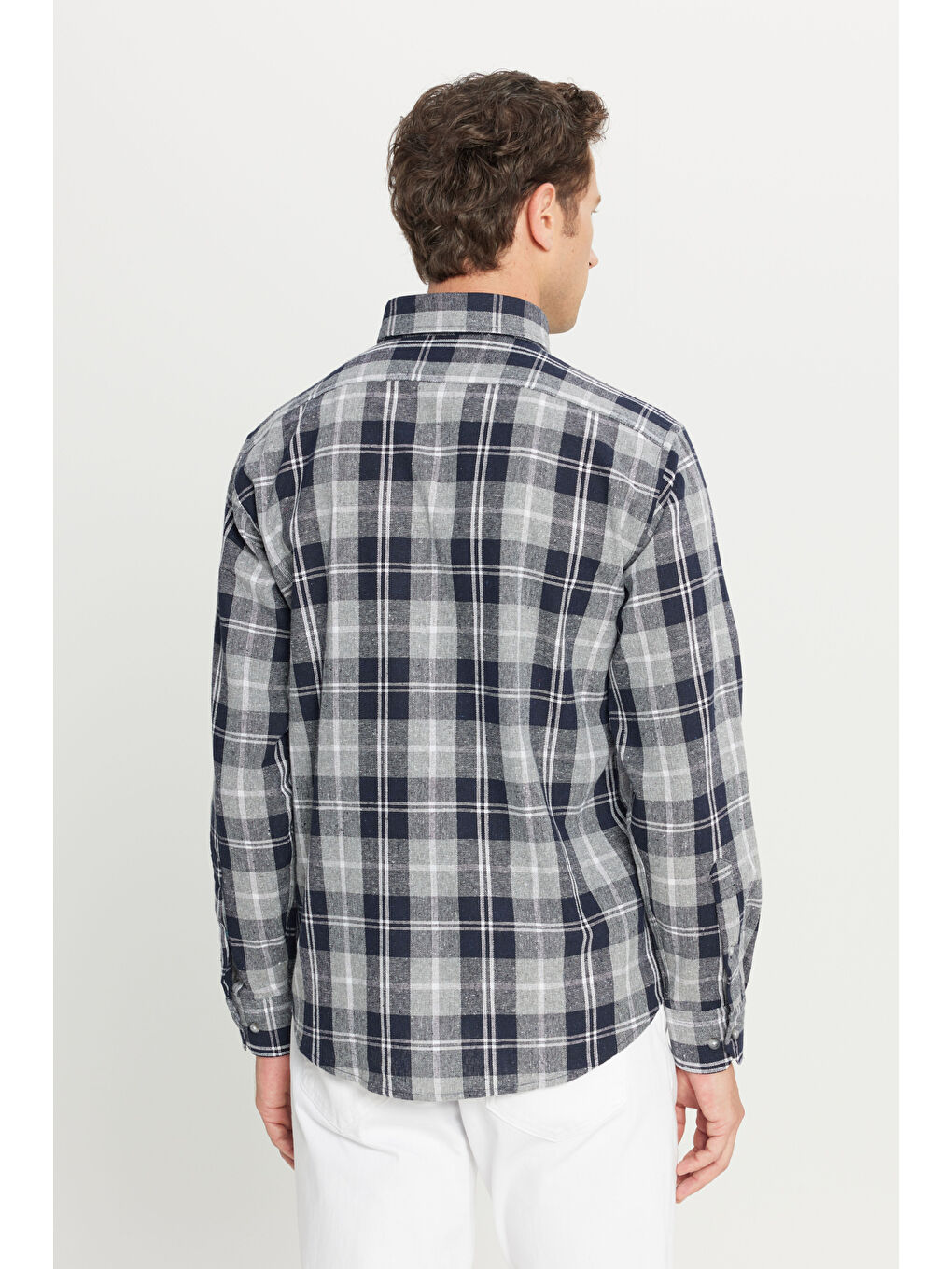 Erkek Siyah Comfort Fit Rahat Kesim Düğmeli Yaka Ekose Desenli Gömlek-4