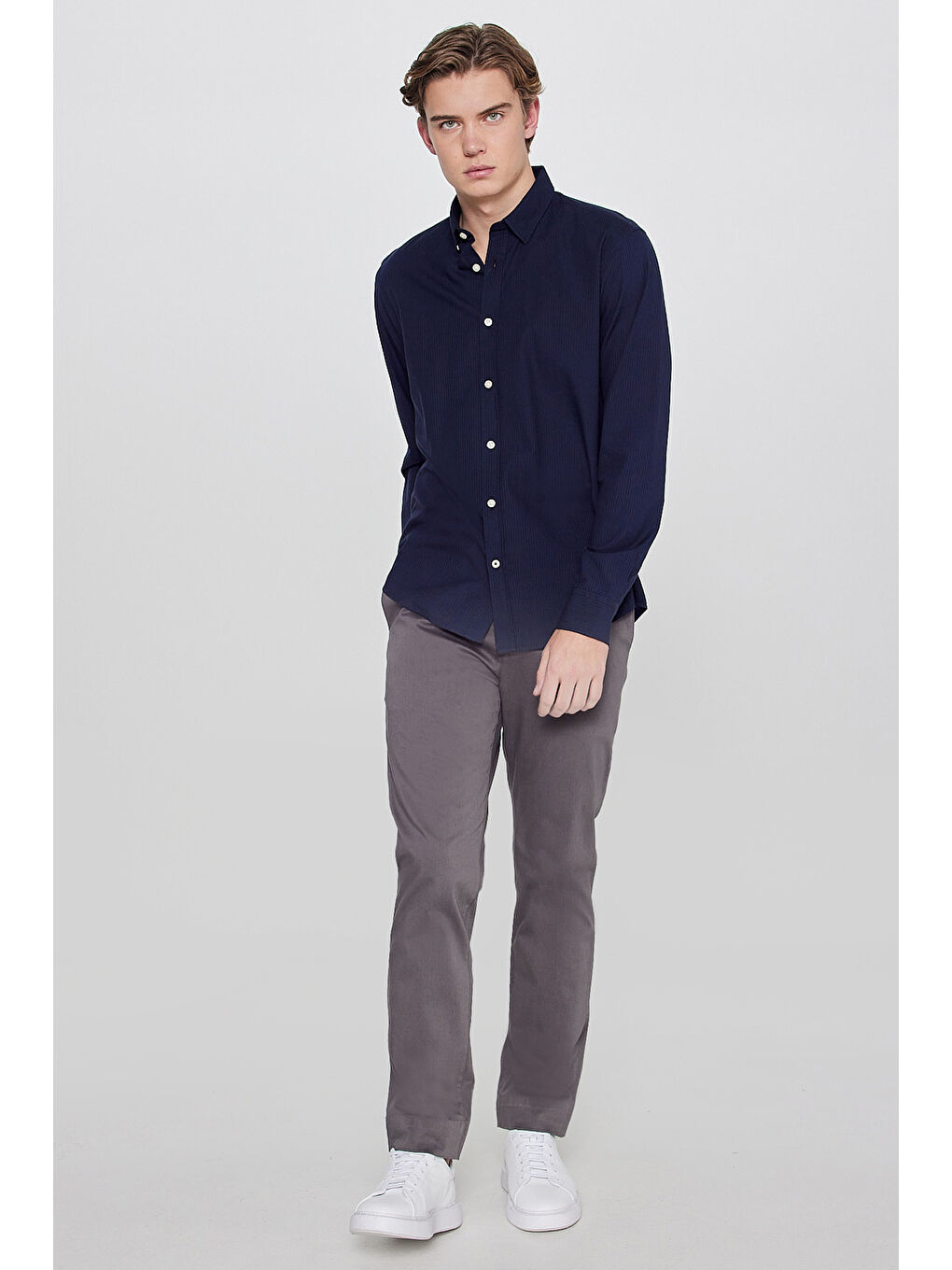 Lacivert Pamuklu Yumuşak Dokulu Regular Fit Normal Kesim Çizgili Gömlek-2