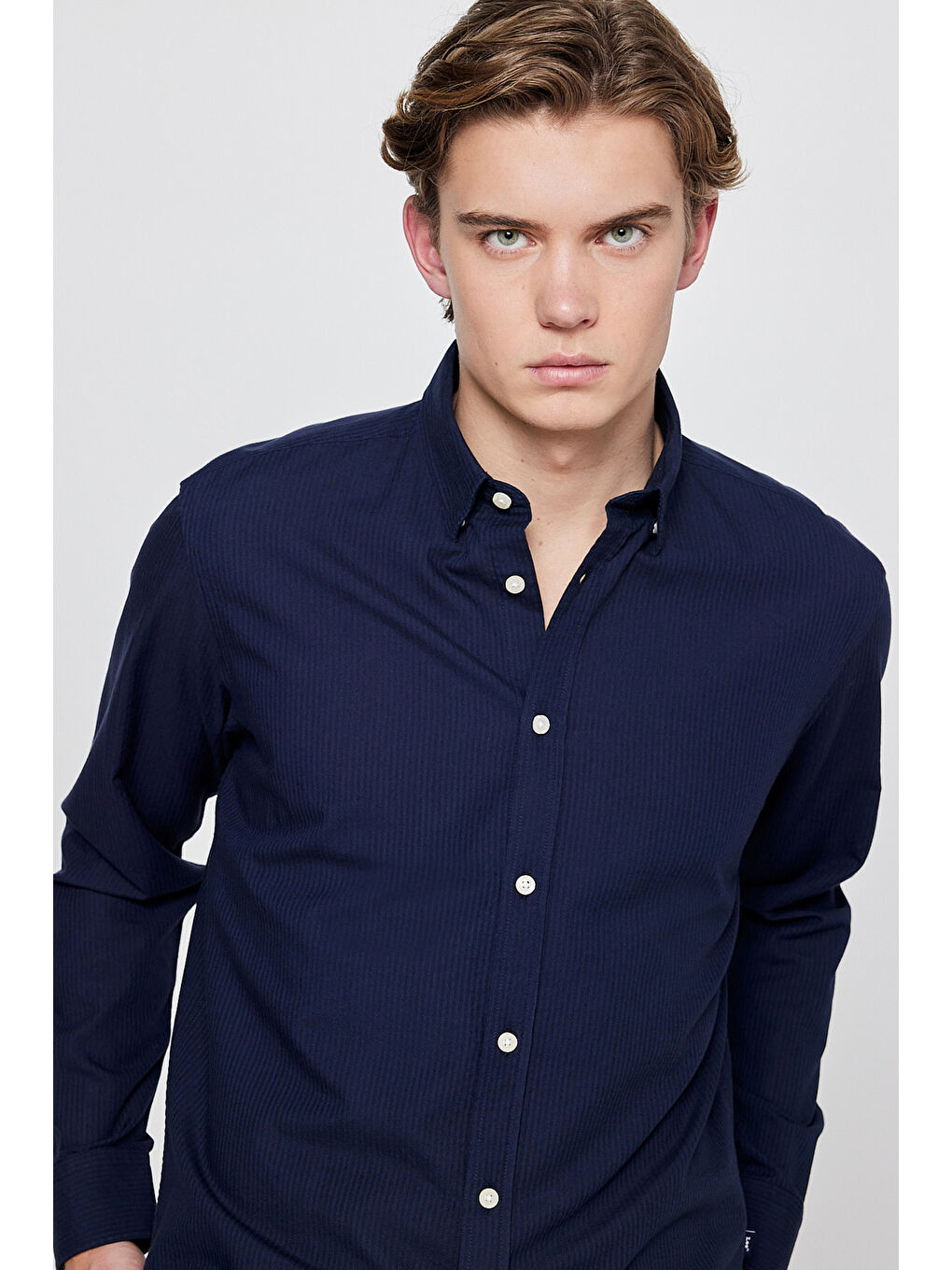 Lacivert Pamuklu Yumuşak Dokulu Regular Fit Normal Kesim Çizgili Gömlek-3