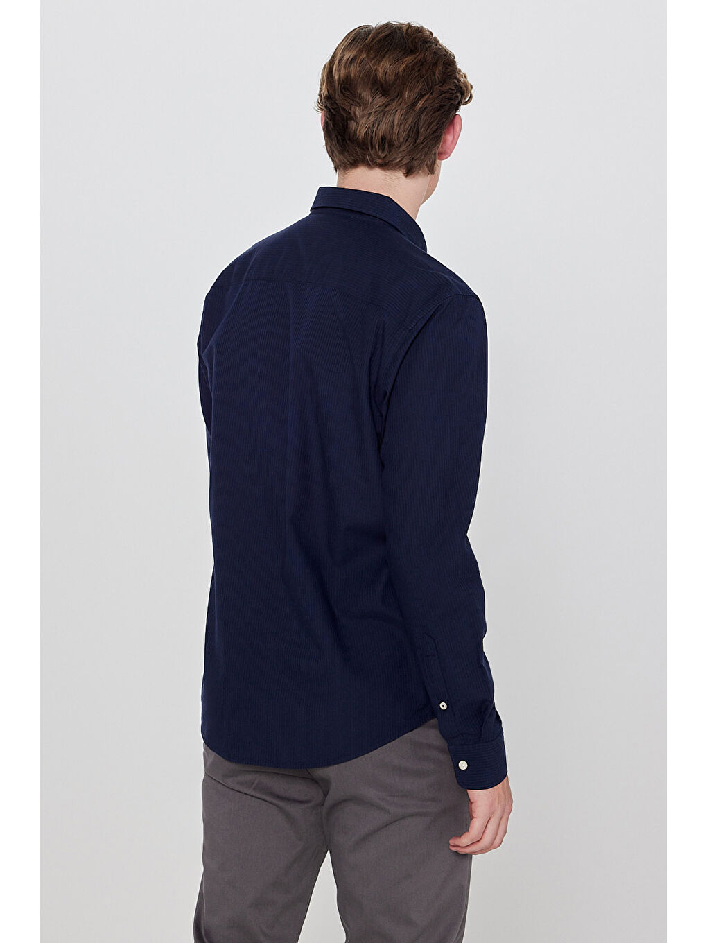 Lacivert Pamuklu Yumuşak Dokulu Regular Fit Normal Kesim Çizgili Gömlek-4