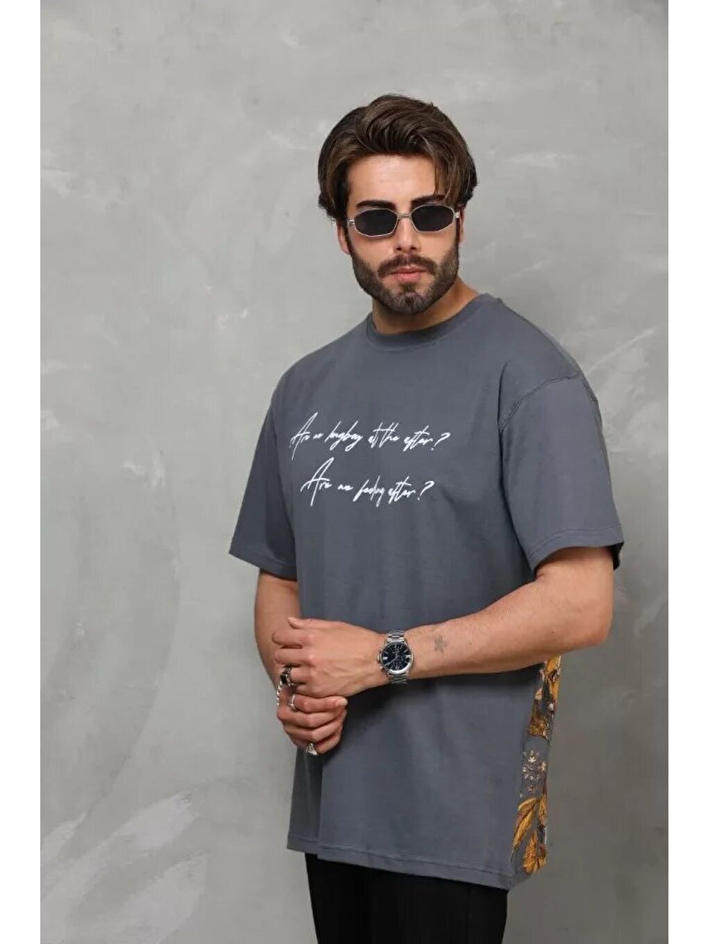 Gri Unisex Bisiklet Yaka Baskılı Oversize T-Shirt - Füme-1