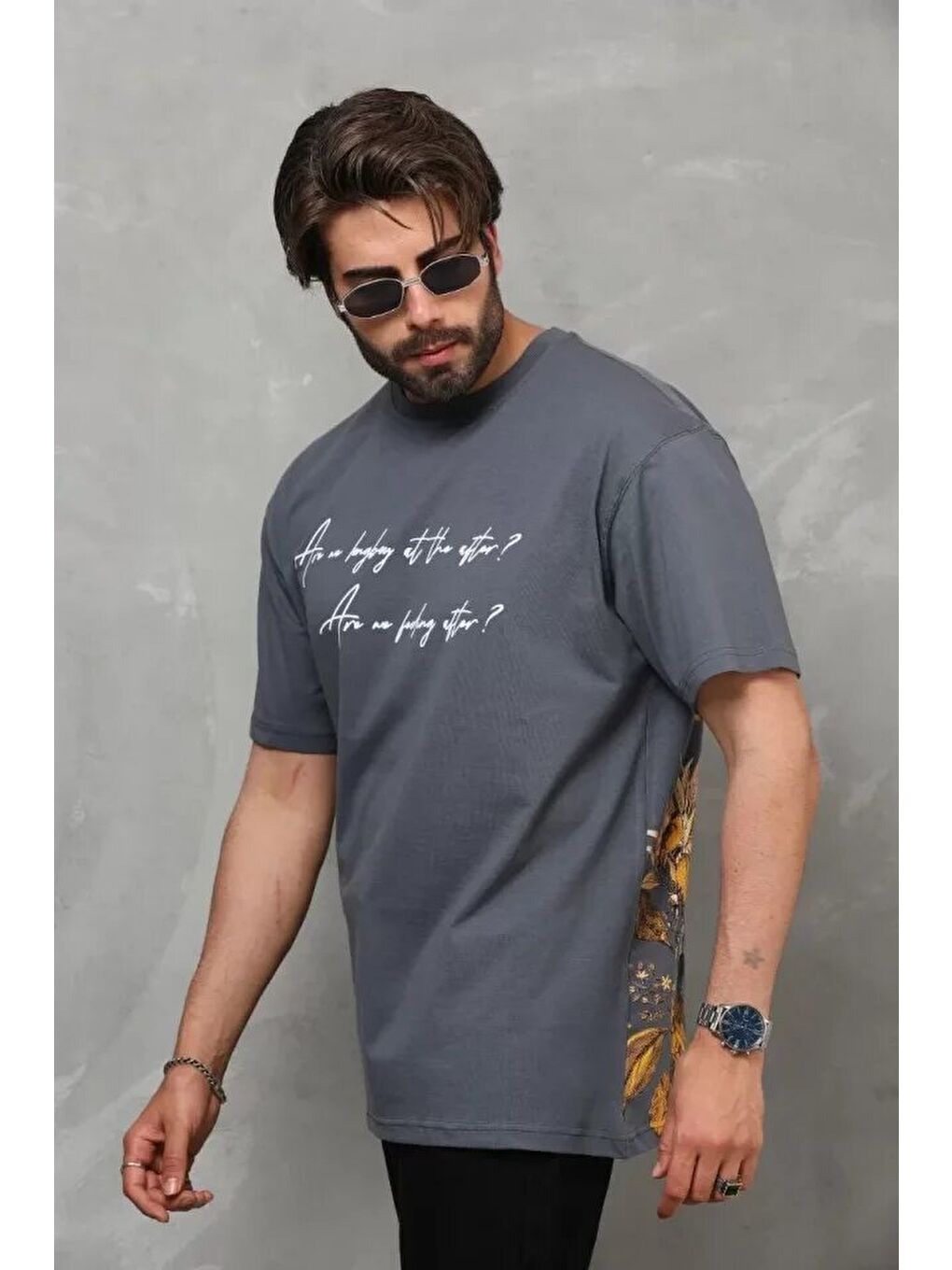 Gri Unisex Bisiklet Yaka Baskılı Oversize T-Shirt - Füme-2