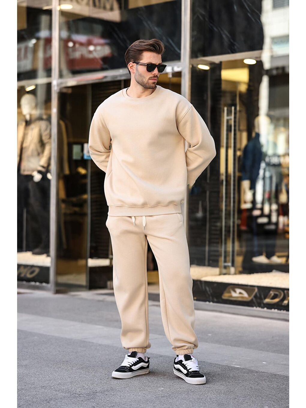 Bej Bisiklet Yaka Basic Eşofman Takımı E7329-1