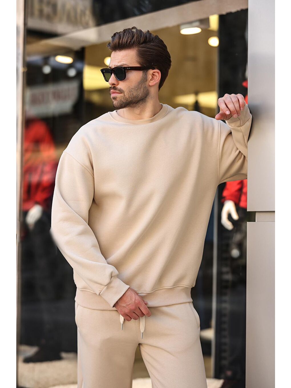 Bej Bisiklet Yaka Basic Eşofman Takımı E7329-2