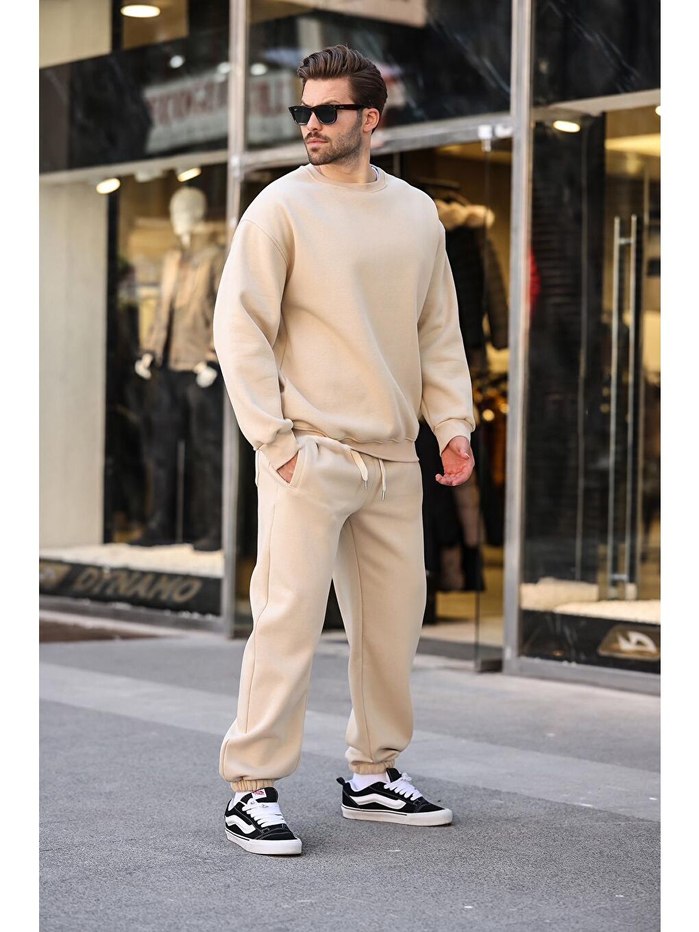 Bej Bisiklet Yaka Basic Eşofman Takımı E7329-3