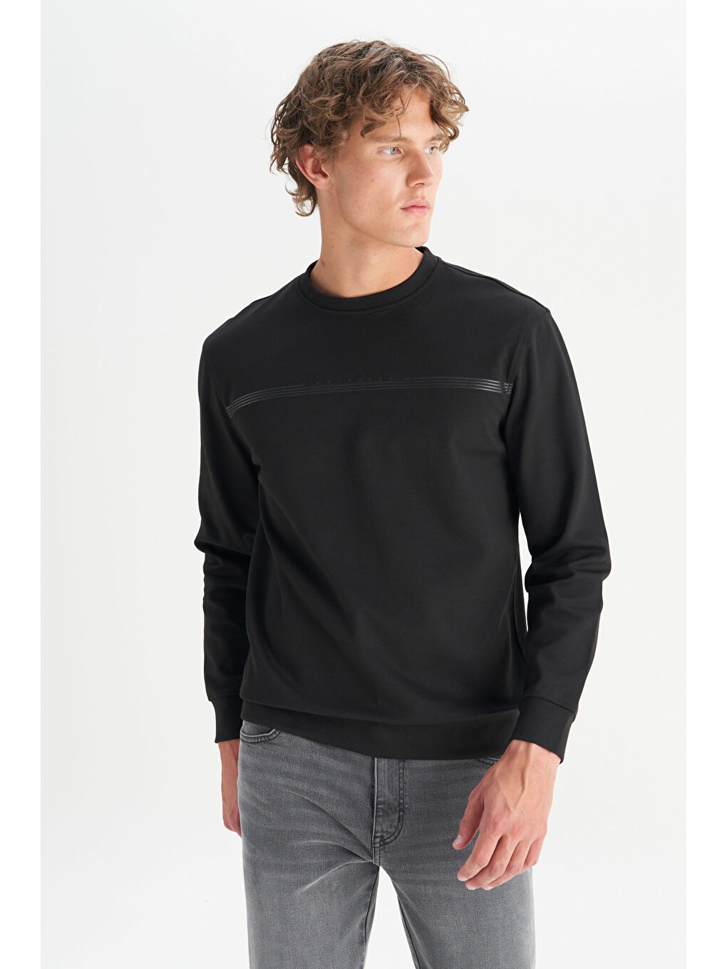 Siyah Pamuklu Regular Fit Bisiklet Yaka Sweatshirt-2