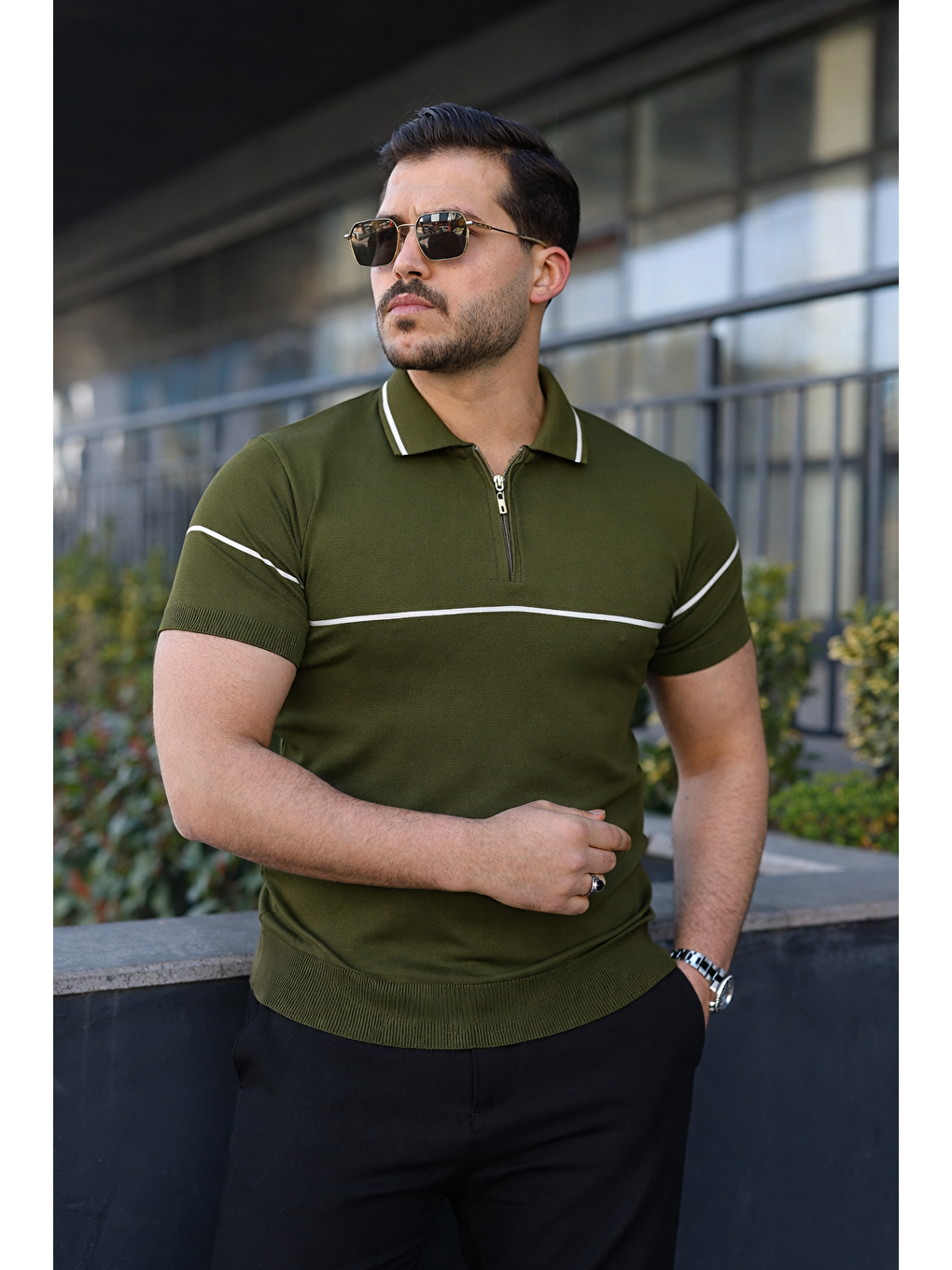 Erkek Günlük Çizgili Fermuarlı Triko Haki Polo Yaka Tişört-2