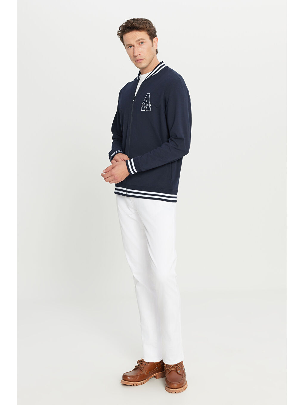 Erkek Lacivert Standart Fit Normal Kesim Fermuarlı Kolej Yaka Yan Cepli Ceket-1