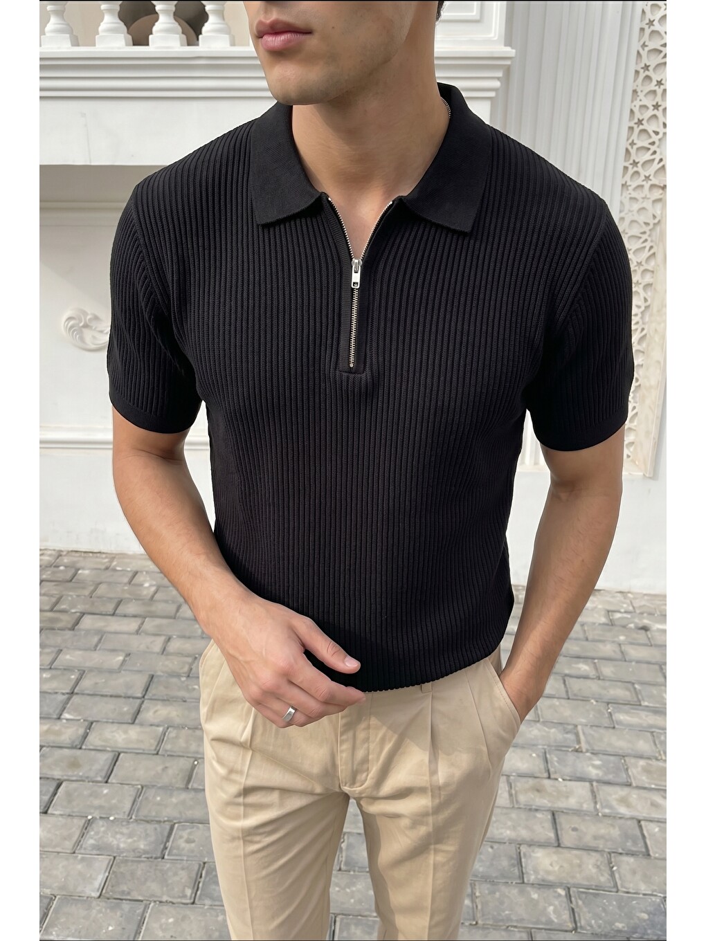Siyah Orin Premium Fitilli Triko Polo Yaka Yarım Fermuarlı Erkek Tişört-1