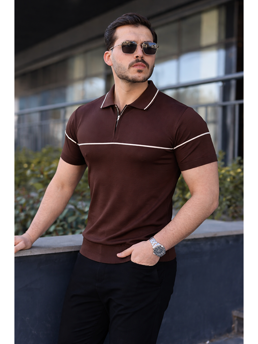 Kahverengi Erkek Günlük Çizgili Fermuarlı Triko Kahve Polo Yaka Tişört-1