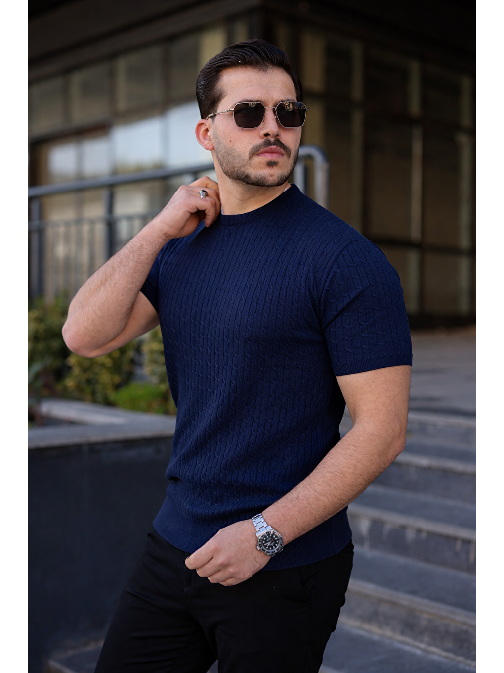 Erkek Premium Çizgili Yazlık Lacivert Dar Triko Tişört-1