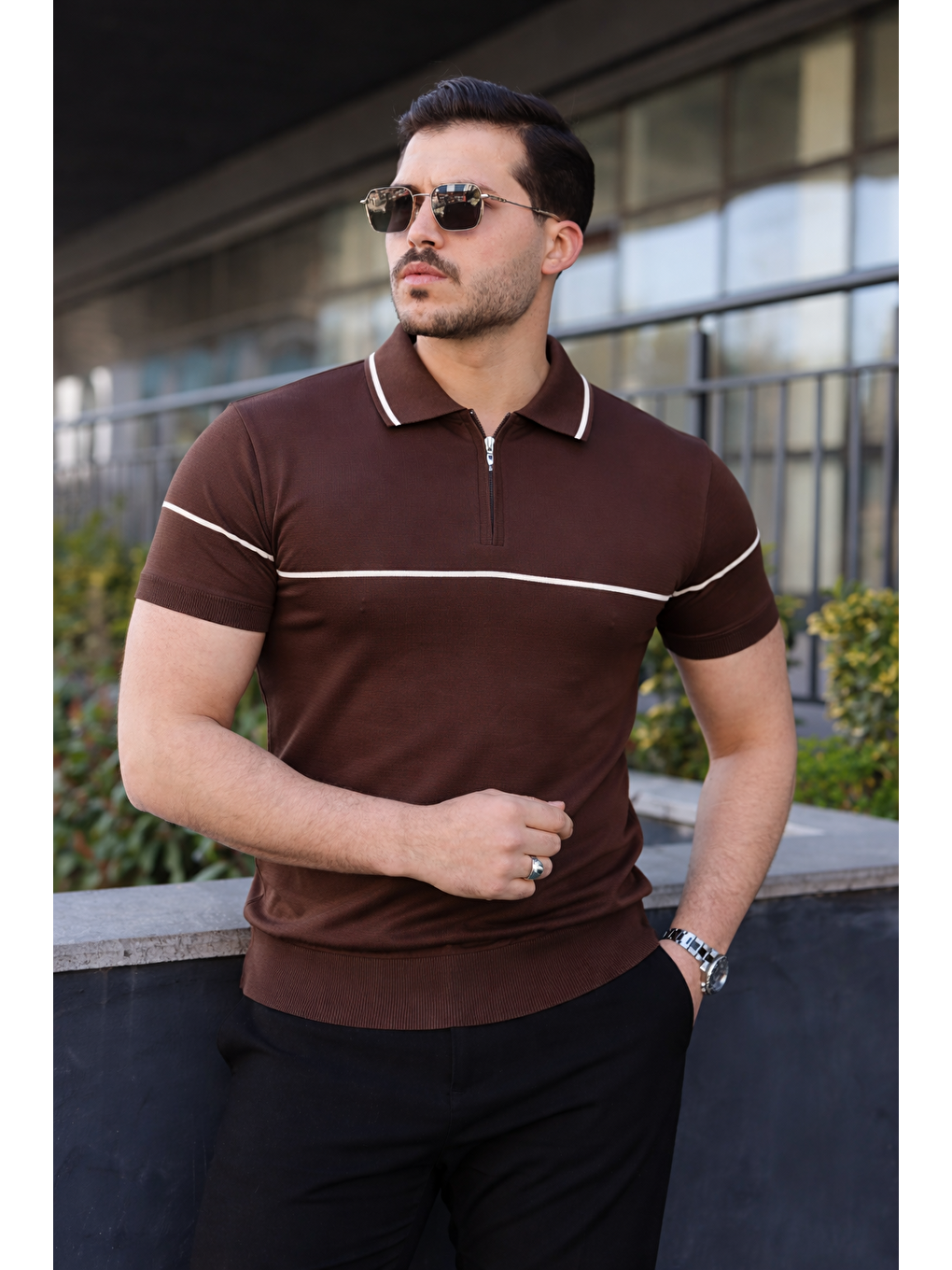 Kahverengi Erkek Günlük Çizgili Fermuarlı Triko Kahve Polo Yaka Tişört-2
