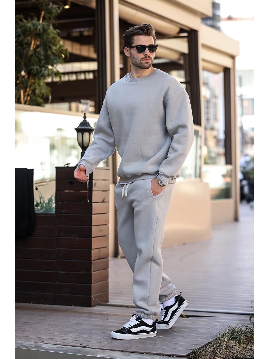 Boyalı Gri Bisiklet Yaka Basic Eşofman Takımı E7329-1