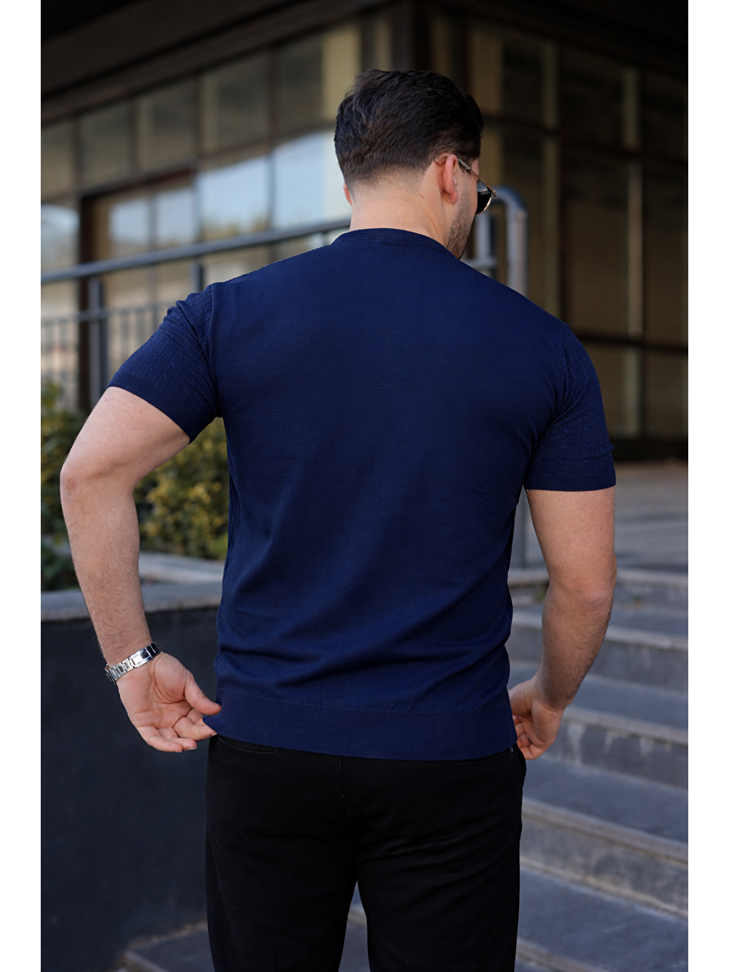 Erkek Premium Çizgili Yazlık Lacivert Dar Triko Tişört-2